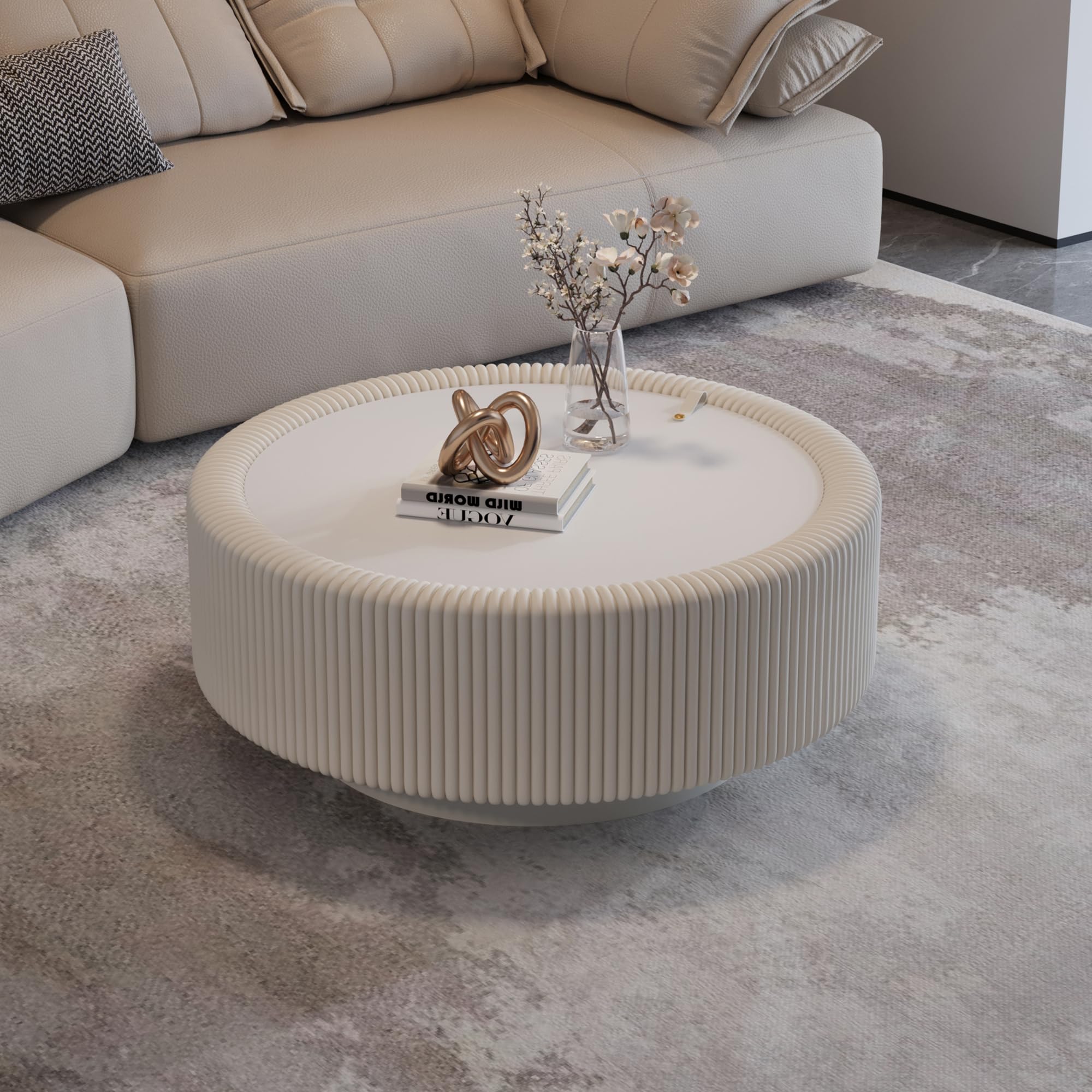 KEIKI Round Coffee Table with Tempered Glass Top, Fluted PU Leather Coffee Tables with Hidden Storage, Modern Accent Tea Table with Metal Base for Living Room Bedroom Small Space, White