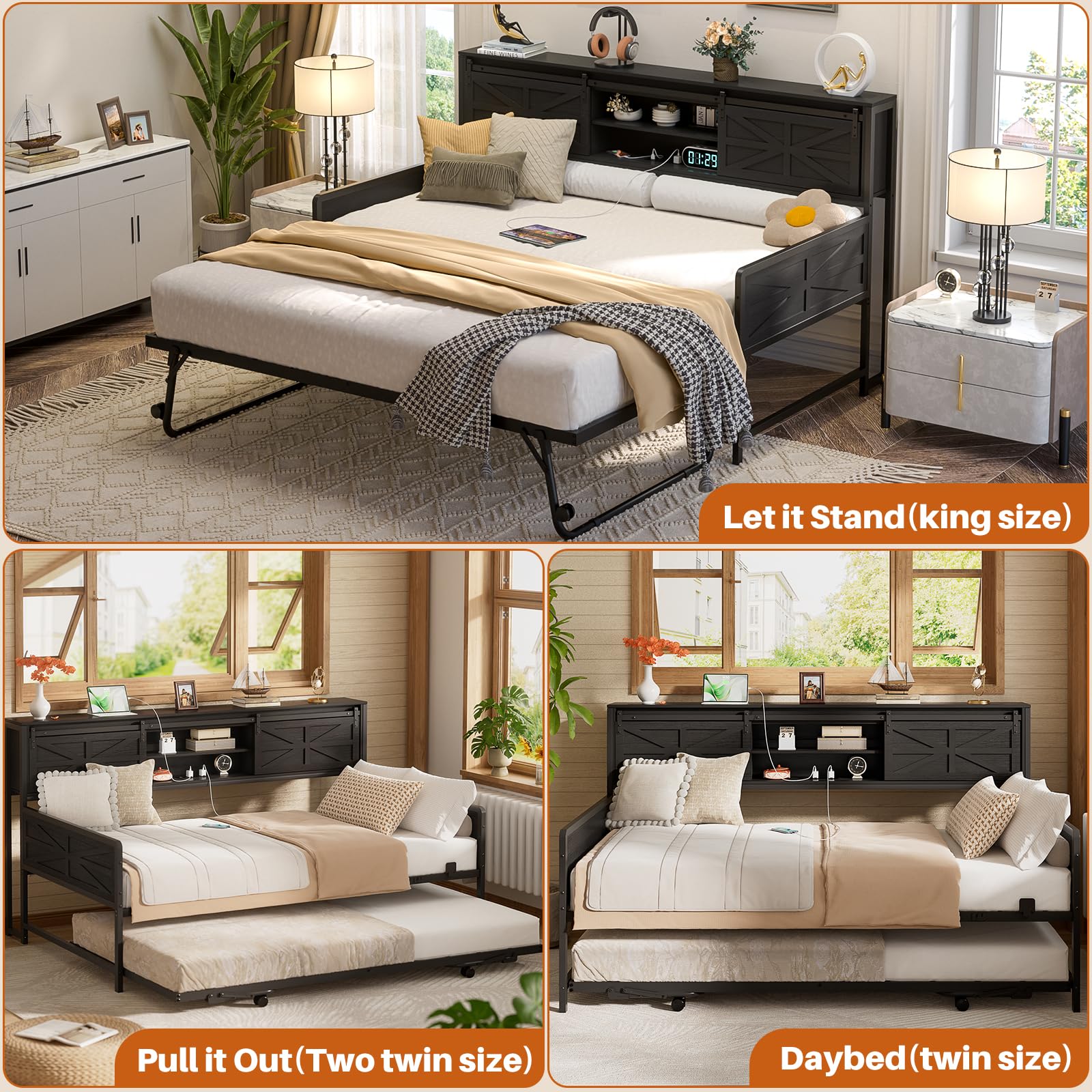 Homieasy Twin Daybed with Pop Up Trundle, Farmhouse Twin Bed with Bookcase Headboard and Charging Station, Black