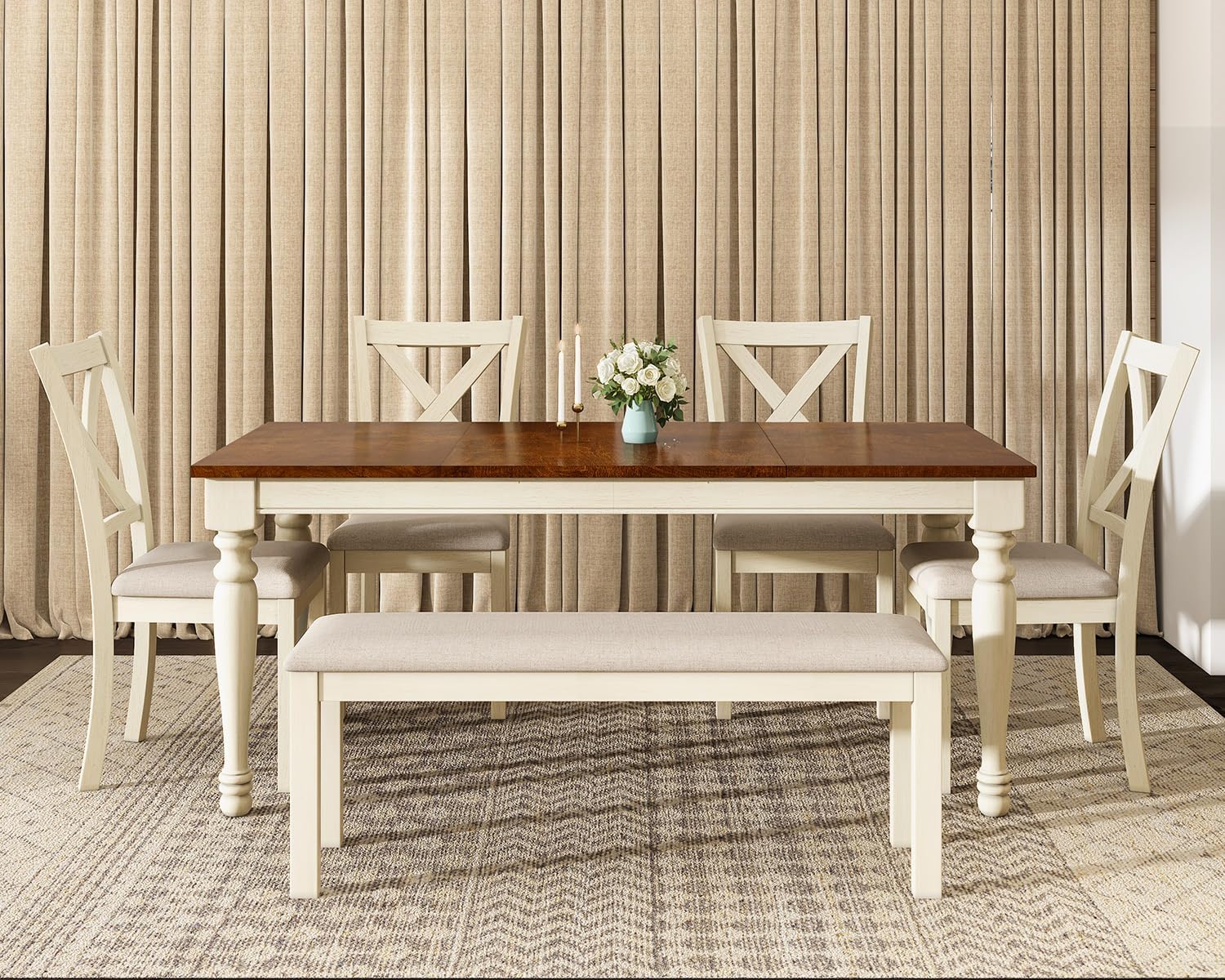 6-Piece Farmhouse Dining Table Set with Chairs & Bench