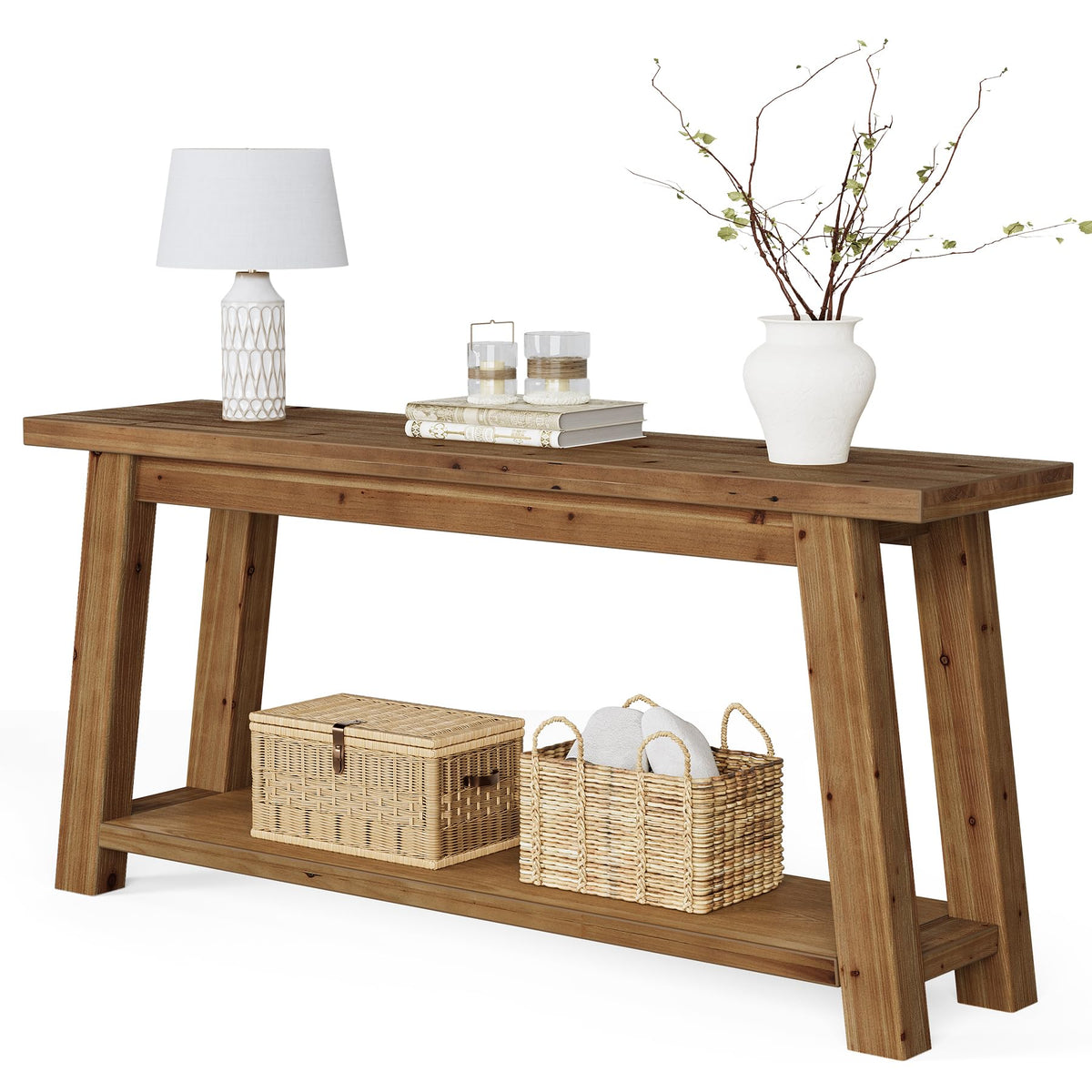 Solid Wood 2-Tier Console Table
