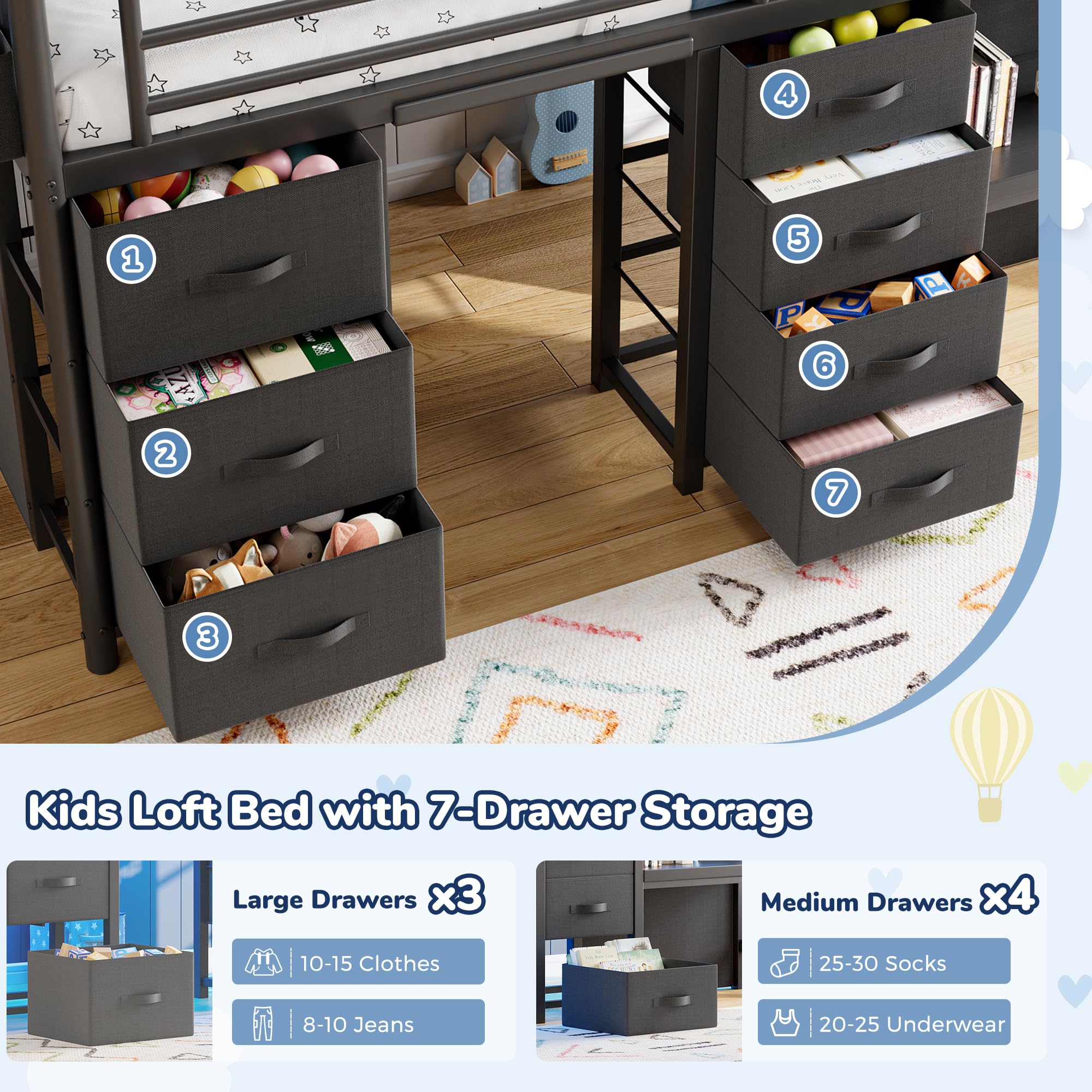 Kids Twin Loft Bed with Desk, Drawers & LED Lights