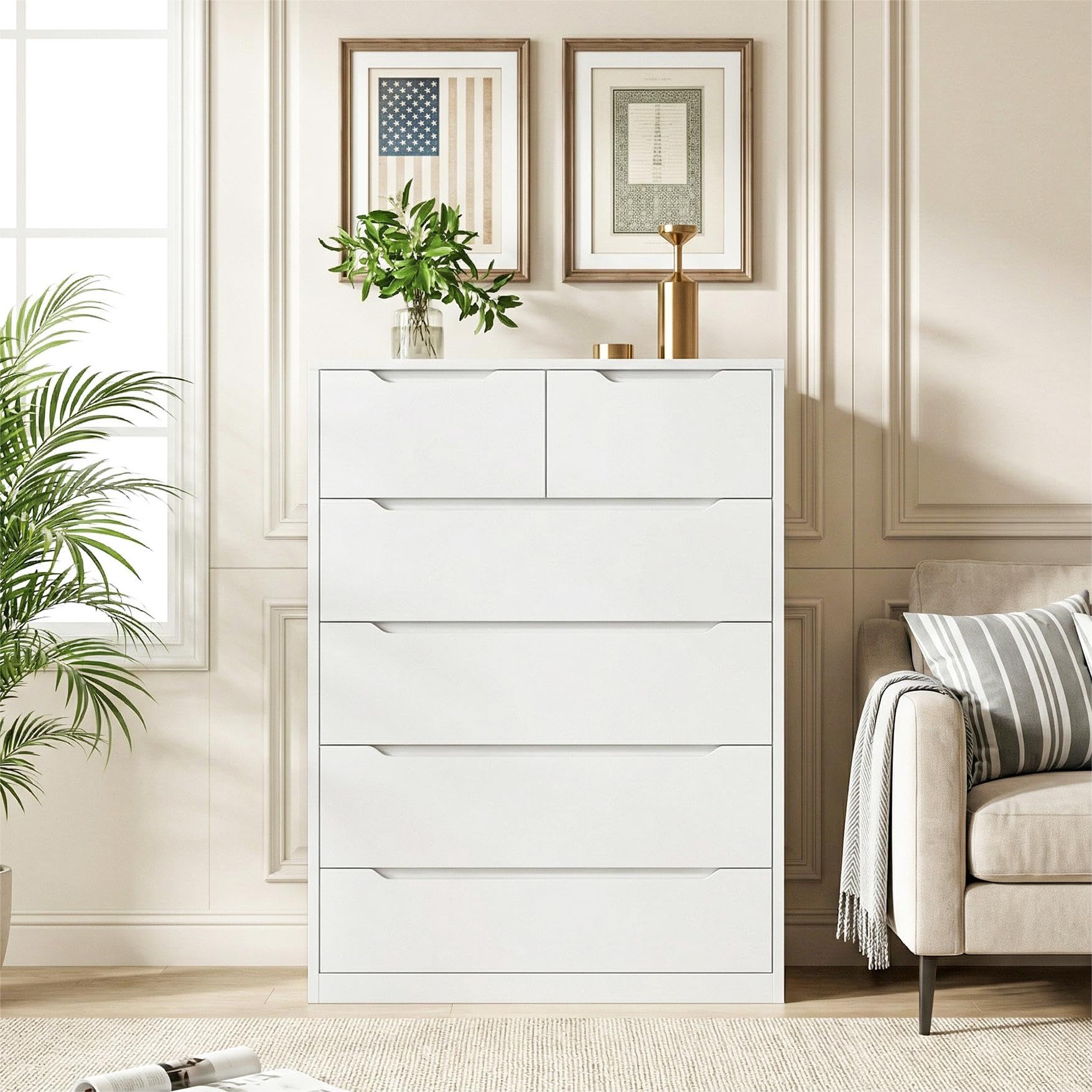 Romorgniz White Dresser for Bedroom with 6 Wood Drawers, Tall Dressers & Chests of Drawers with Smooth Metal Slides for Entryway Hallway, Handle-Free Modern Design, 250 LBS Capacity