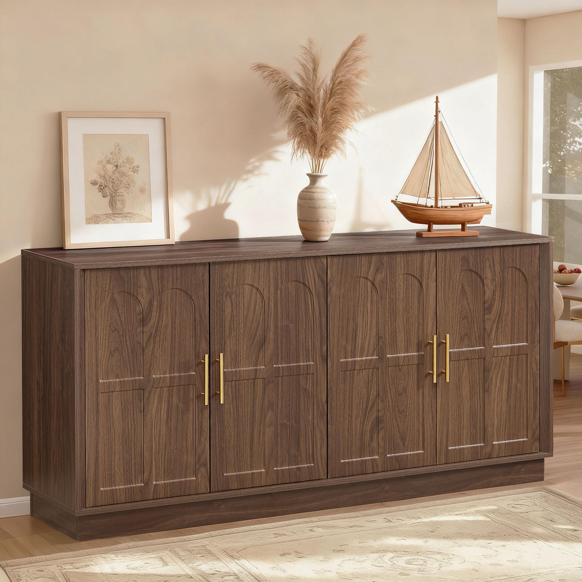 SZTHHDF 66.5" Sideboard Buffet Cabinet with Storage, Modern Credenza with Arched Doors, Large Wood Accent Cabinet for Living Room Entryway (Walnut)