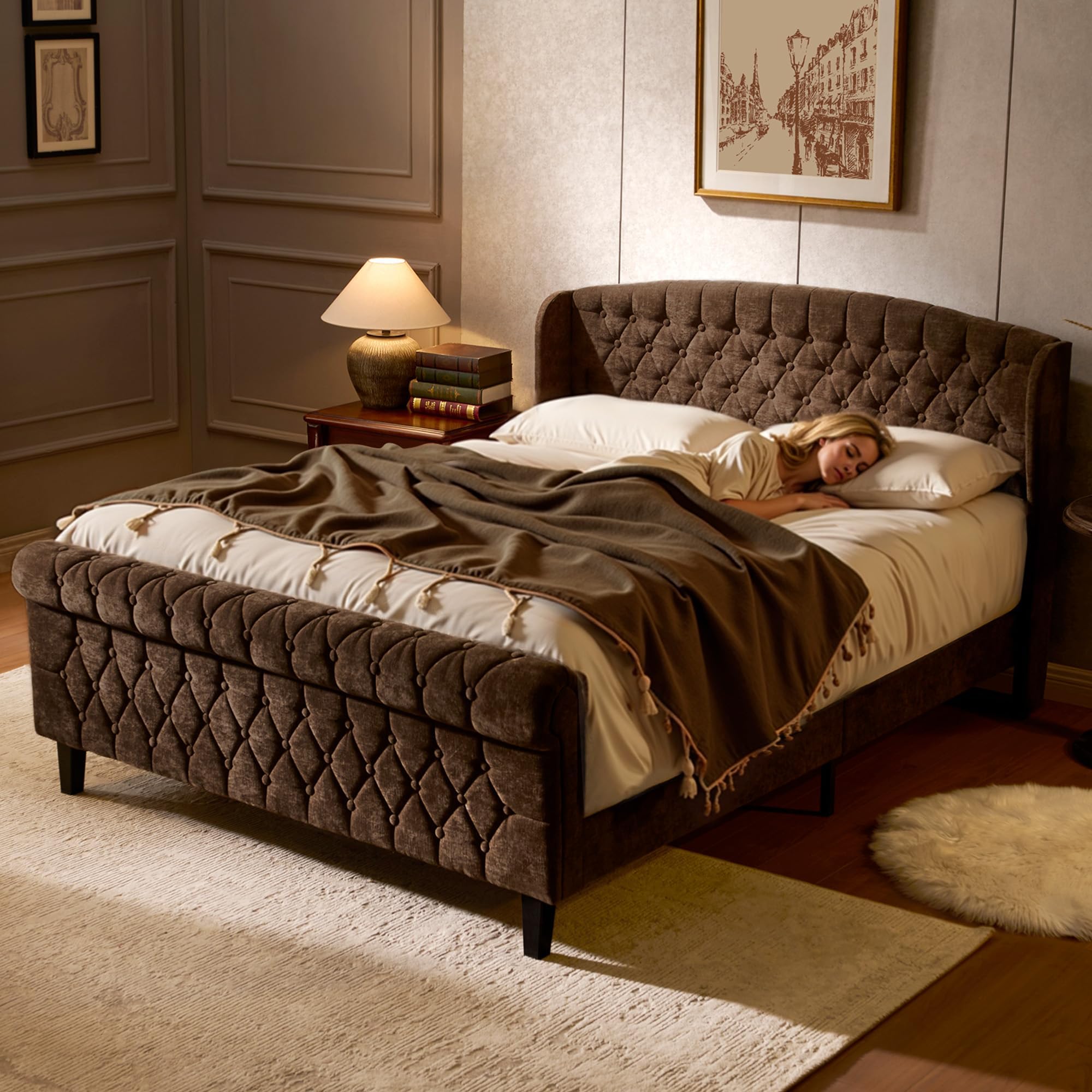Sleigh Queen Bed Frame with Wingback Headboard