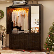 Sliding Barn Door Armoire Wardrobe with Mirror & Sensor Lights