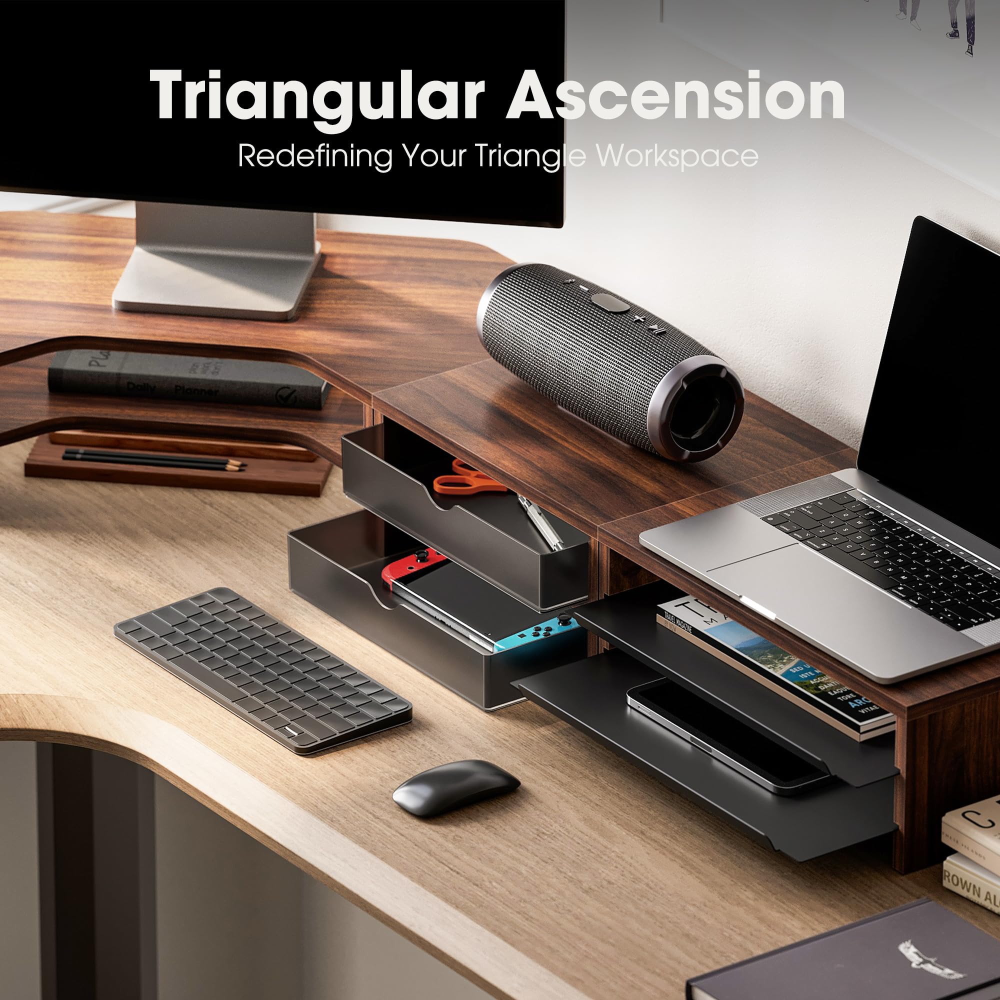 Corner Dual Monitor Stand with Drawer & Storage