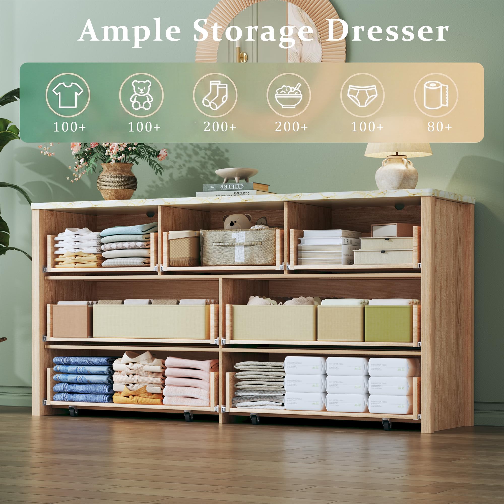 HUAHUU Fluted Dresser for Bedroom with 7 Drawers, 53" Wide Mid Century Modern Dressers with Faux Marble Top & Metal Handle, Wooden Chest of Drawers TV Stand, Natural Oak
