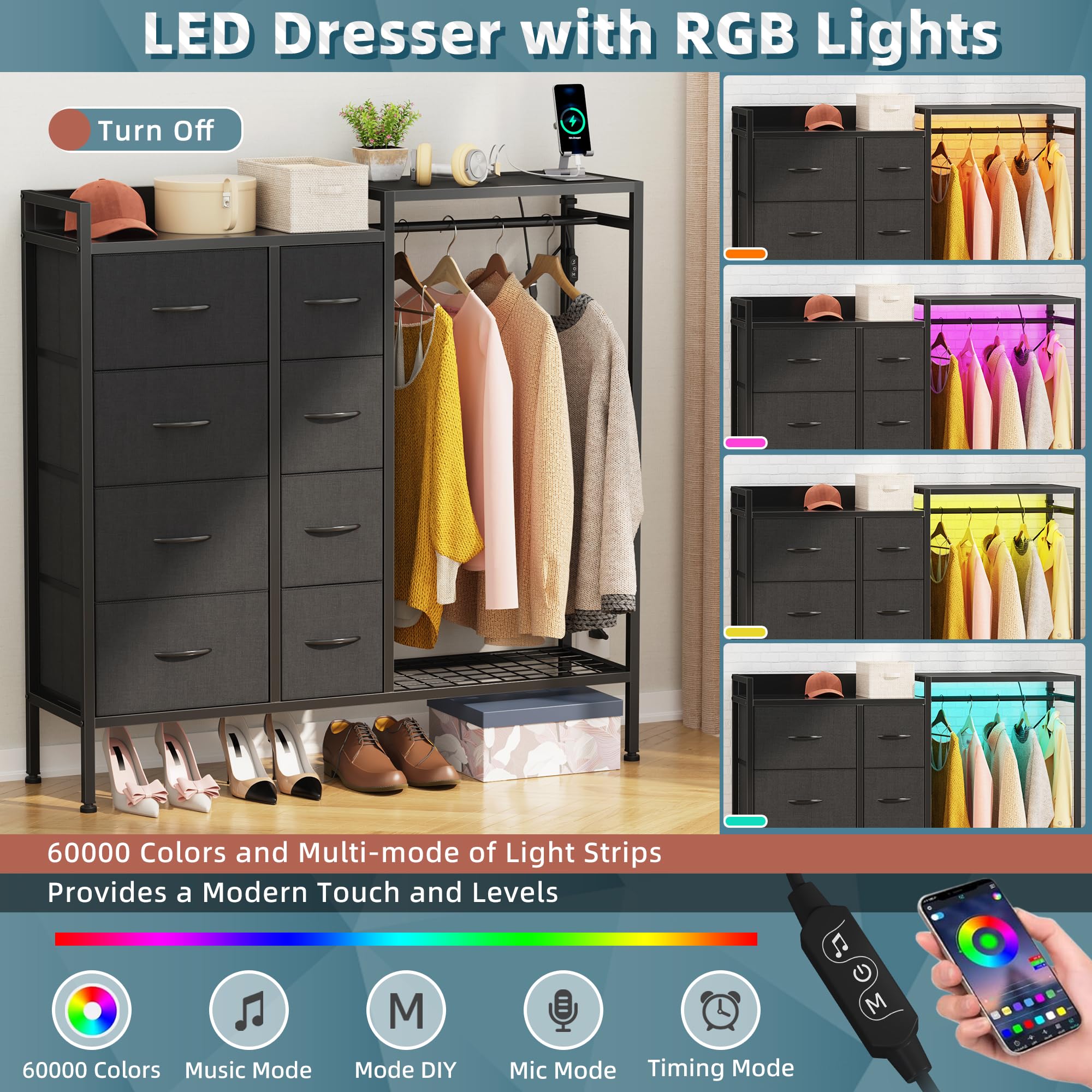 HIGDBFE Dresser with Hanging Rack, 8-Drawer Dresser for Bedroom with Charging Station & LED Lights, Fabric Dressers with Shoe Rack, Chest of Drawers with Wooden Top for Bedroom, Black, 11.8" D