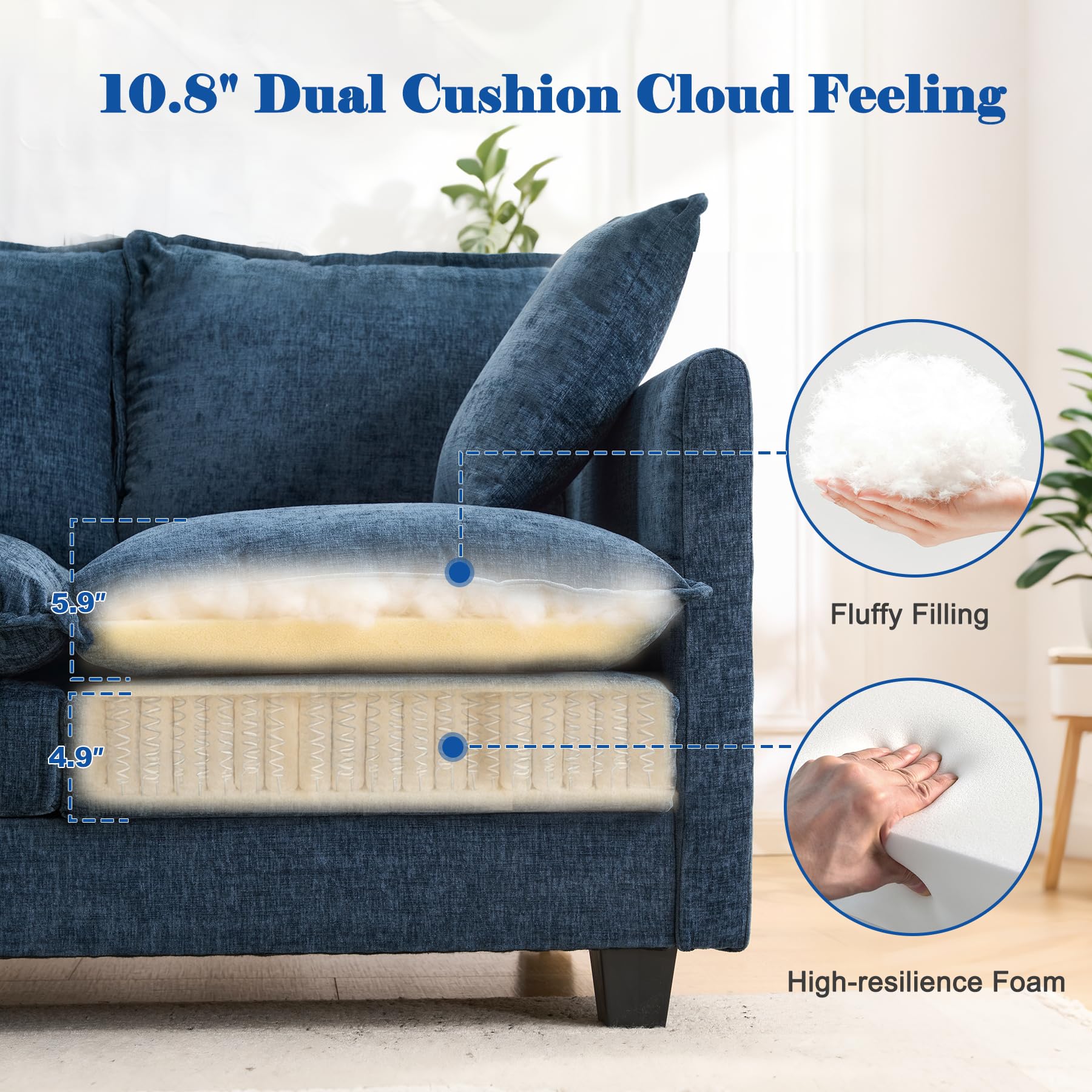 MUDANT Loveseat Sofa Cloud Sofa Couch 50'', Modern Loveseats 2 Seat Couch 27" Deep Seat with 2 Pillows for Small Spaces Apartment Studio Office Bedroom Living Room 8834-BLUE