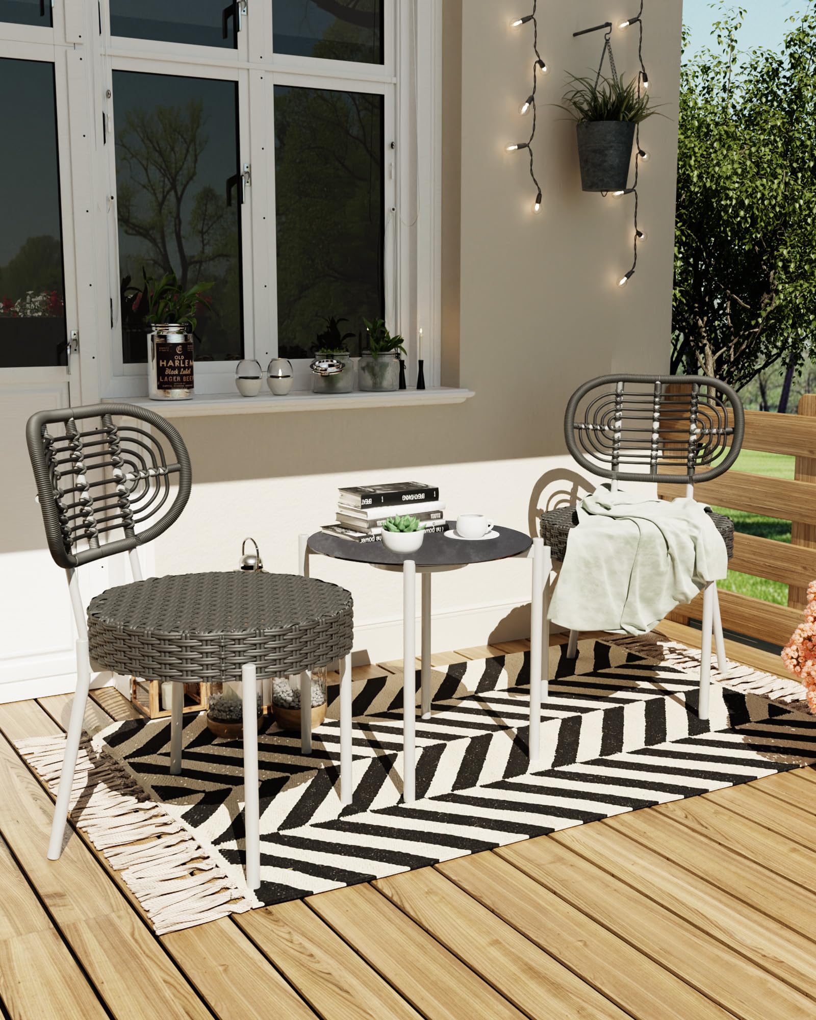 GarveeLife 3 Piece Wicker Patio Bistro Furniture Set, Outdoor Dining Chairs, Includes 2 Rattan Chairs and Tempered Glass Table, for Garden, Backyard, Balcony, Apartment, White & Grey