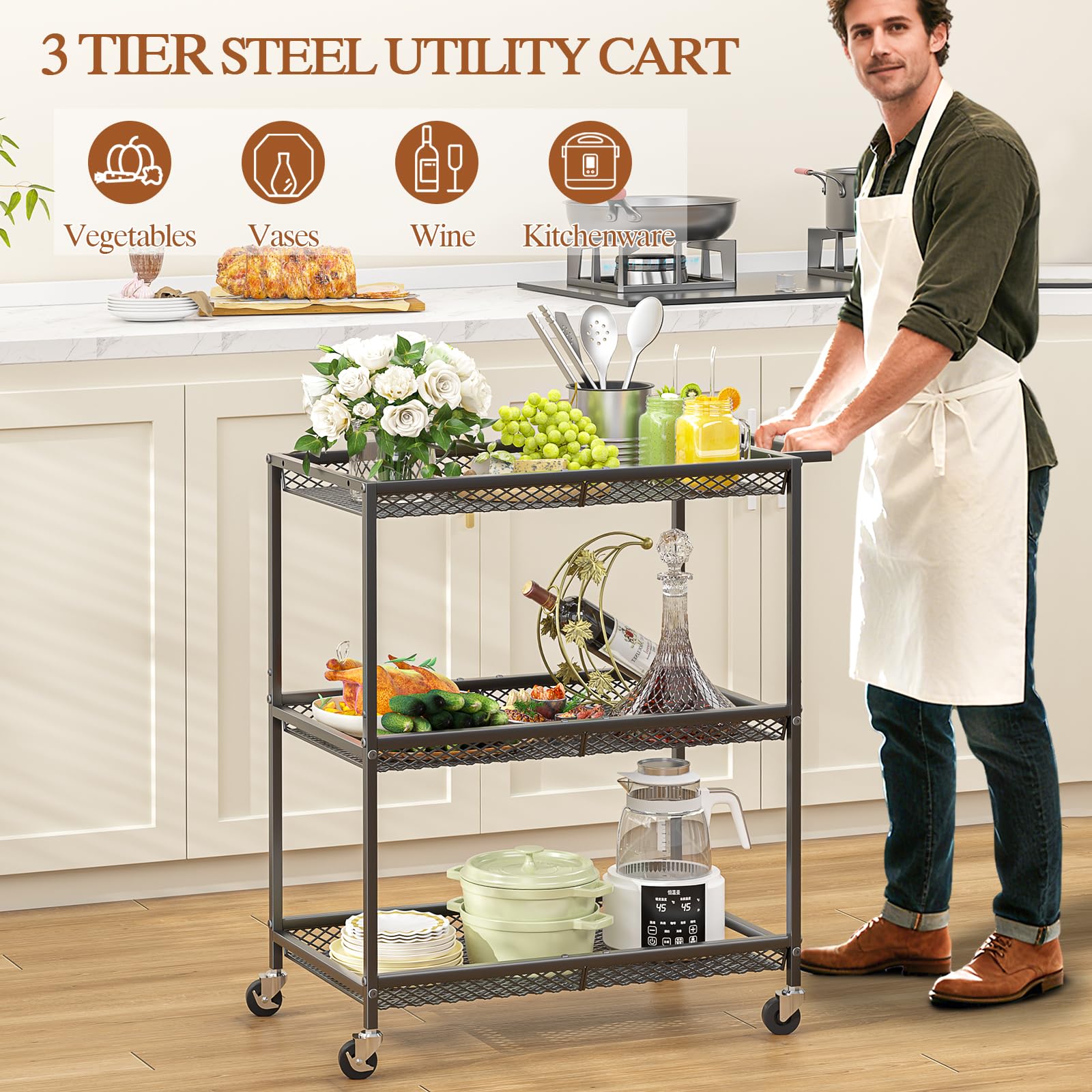 3-Tier Rolling Utility Cart with Locking Wheels