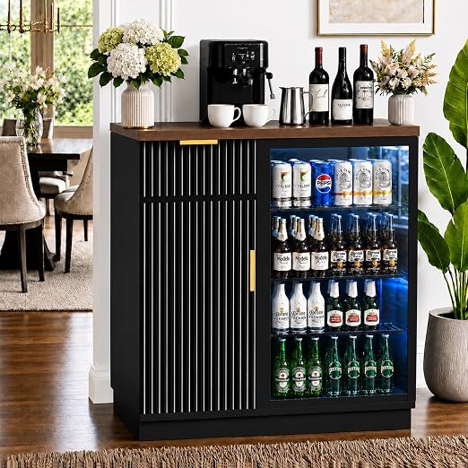 Fluted Coffee Bar Cabinet with Fridge Space & Power Outlet