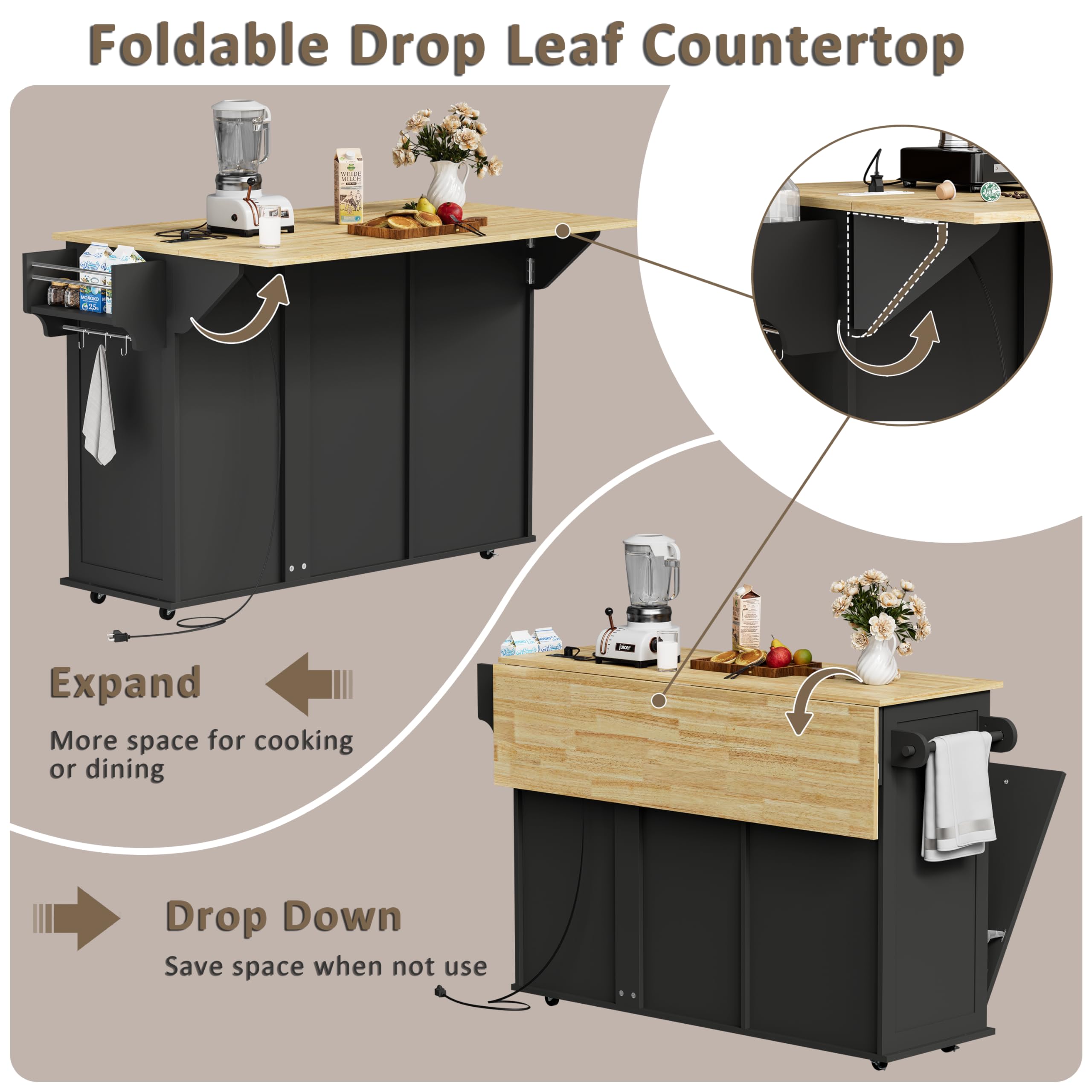 HQZX Rolling Kitchen Island with Trash Can Storage, Portable Kitchen Island Cart on Wheels with Drop Leaf & Power Outlet, Towel Rack & Spice Rack, Large Mobile Island Table for Kitchen, Black