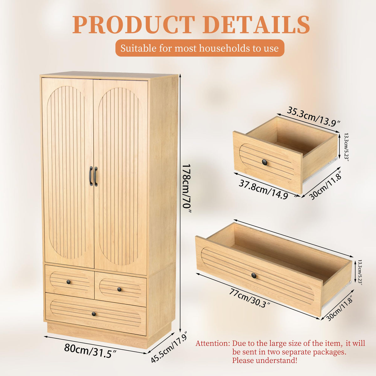Fluted Wardrobe Armoire with 3 Drawers