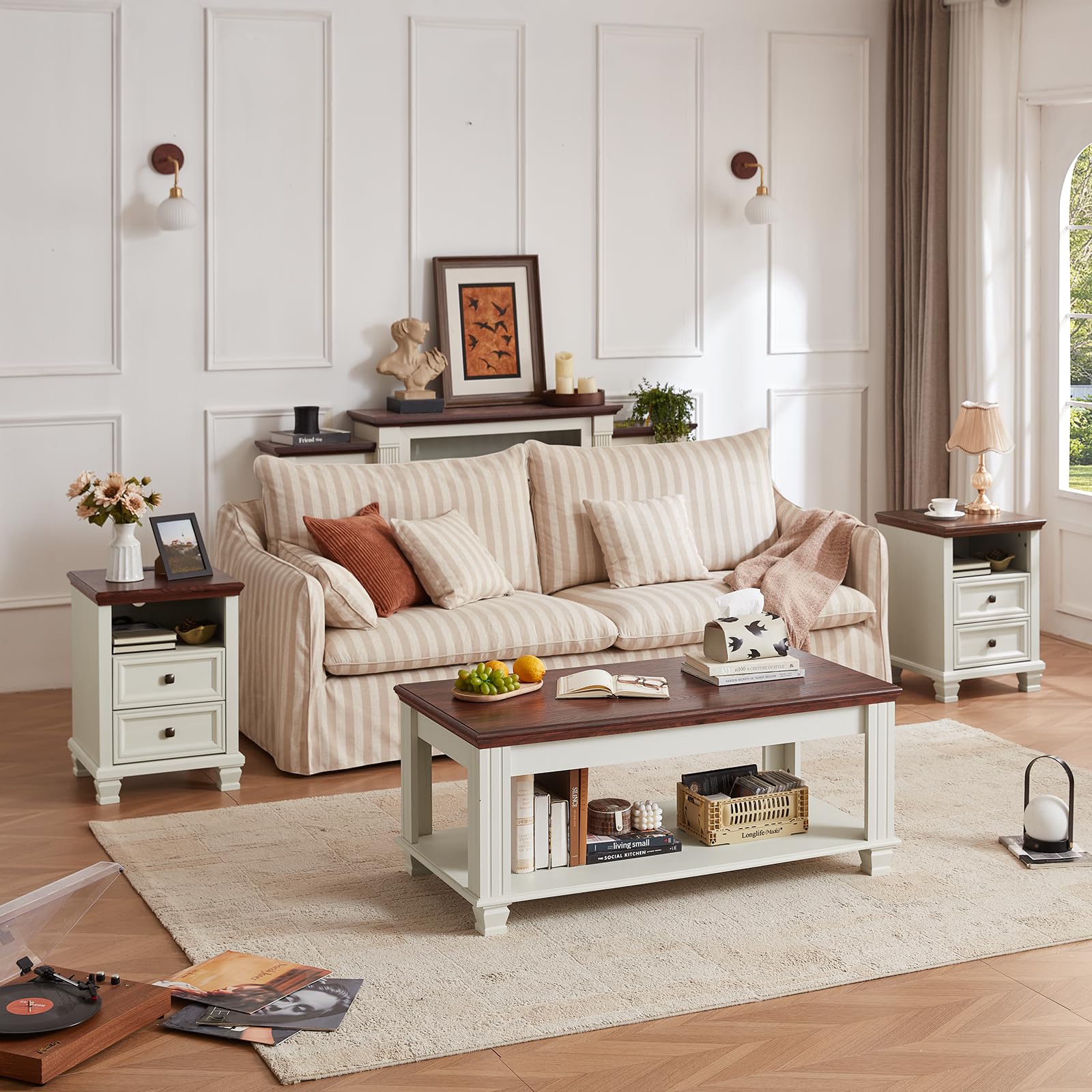 Farmhouse Coffee Table Set of 3 with Drawers