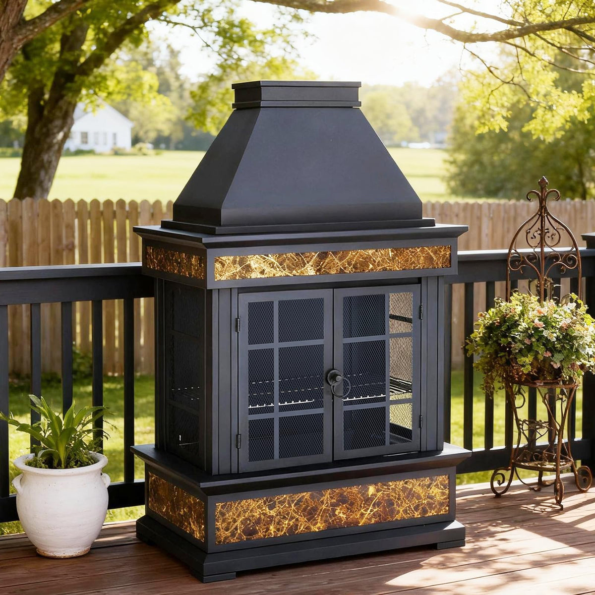 EROMMY 57-Inch Wood-Burning Outdoor Fireplace, Tile Brown