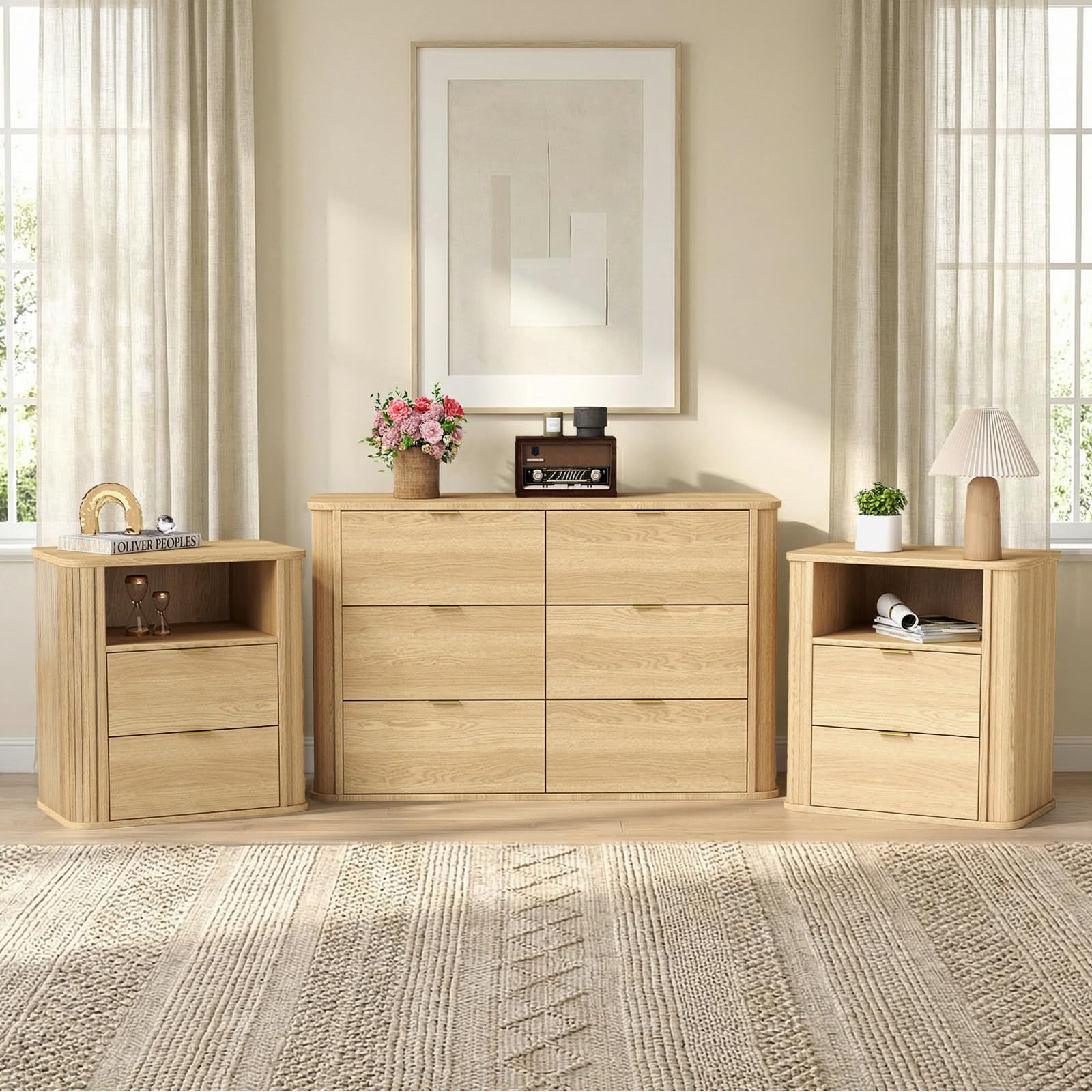 3-Piece Fluted Bedroom Set – 6-Drawer Dresser & 2 Nightstands