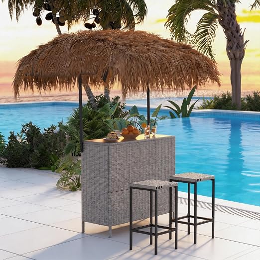 Outdoor Tiki Bar Set with Sunshade & Bar Stools