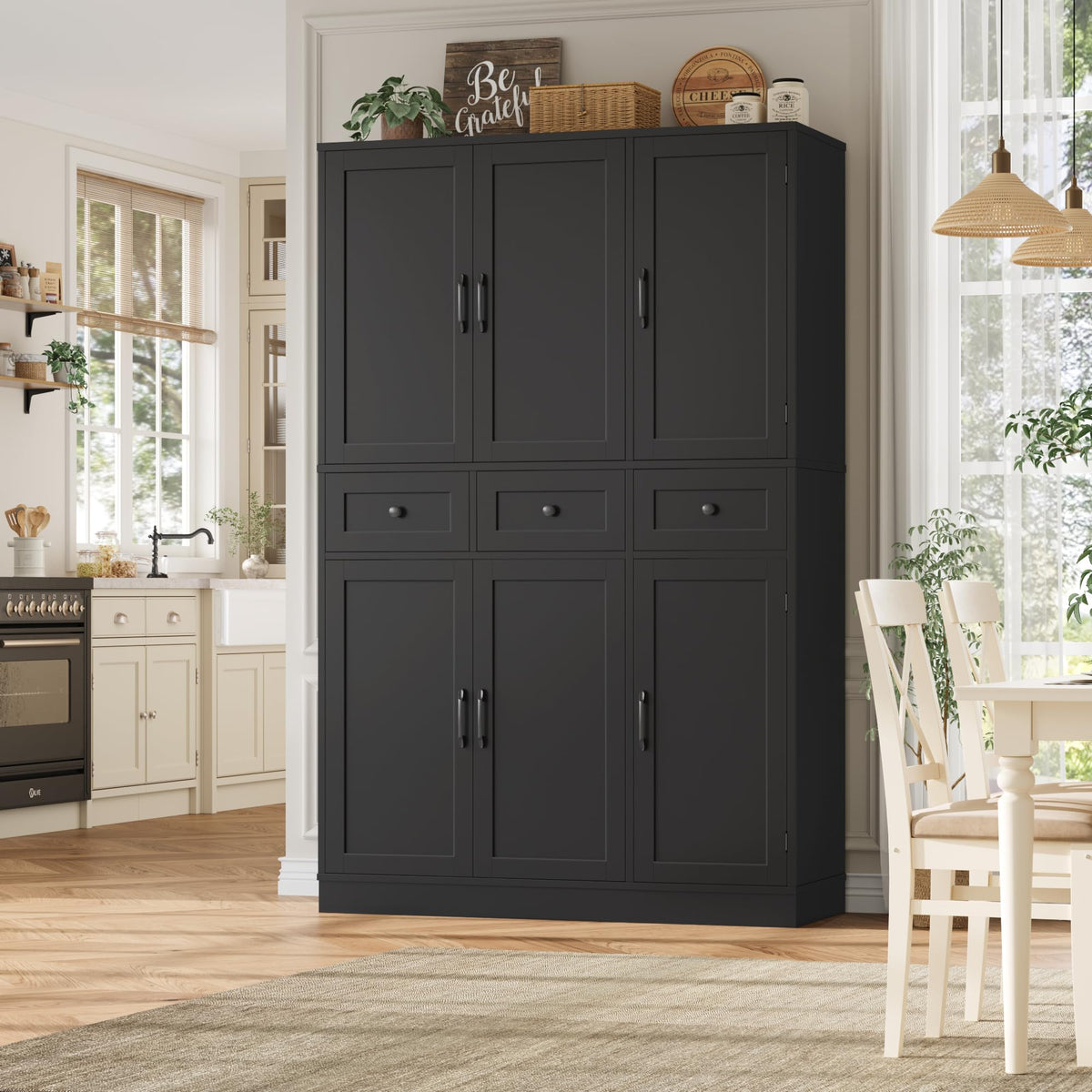 HITHOS 71" Tall Kitchen Pantry Storage Cabinet w/Drawers & Shelves, Black