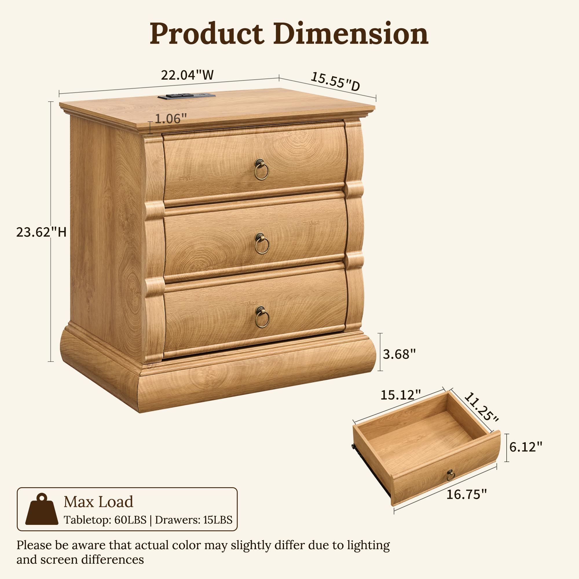 Vintage 3-Drawer Nightstand with Charging Station
