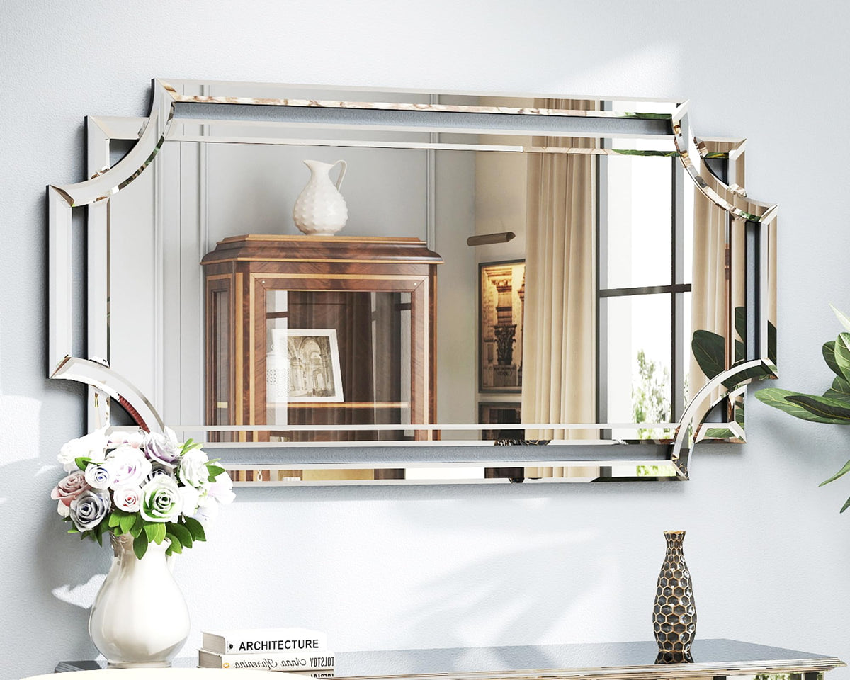 Chende 24" x 47" Large Mirror for Decor, Decorative Wall Mirror with Beveled Edge and Glass Pieces, Rectangle Wall Decor for Living Room, Bathroom, Bedroom, Dining Room, Horizontal/Vertical Hanging