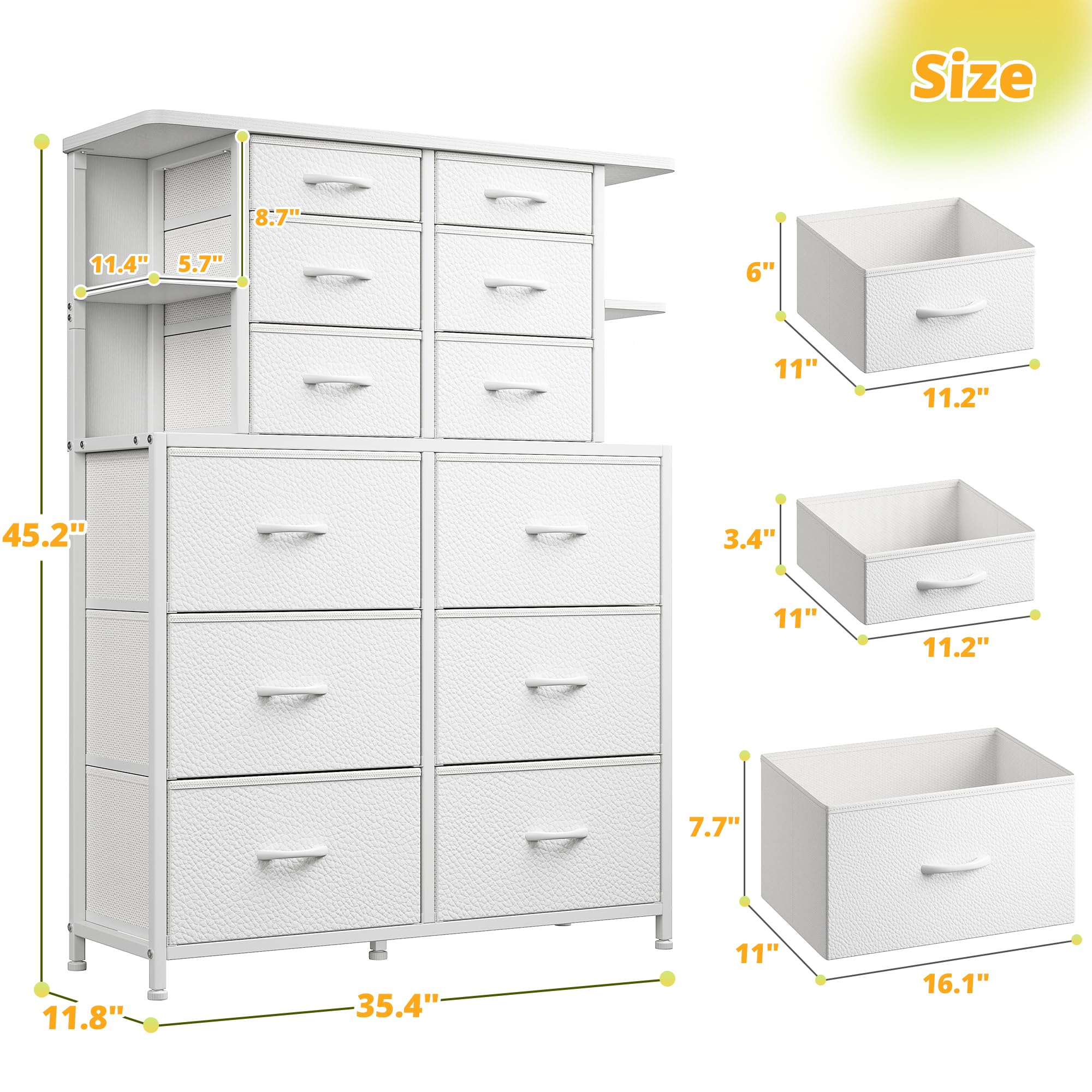 White Dresser for Bedroom with 12 Drawers & LED Lights,4 Open Storage Shelves, Fabric Dressers & Chests of Drawers for Living Room, Entryway, Dorm, Metal Frame, Wood Top,45.2" H x 35.4" W x 11.8" D