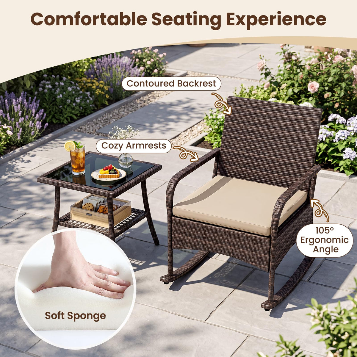 Tangkula 3-Piece Outdoor Wicker Rocking Bistro Set with 2-Tier Coffee Table