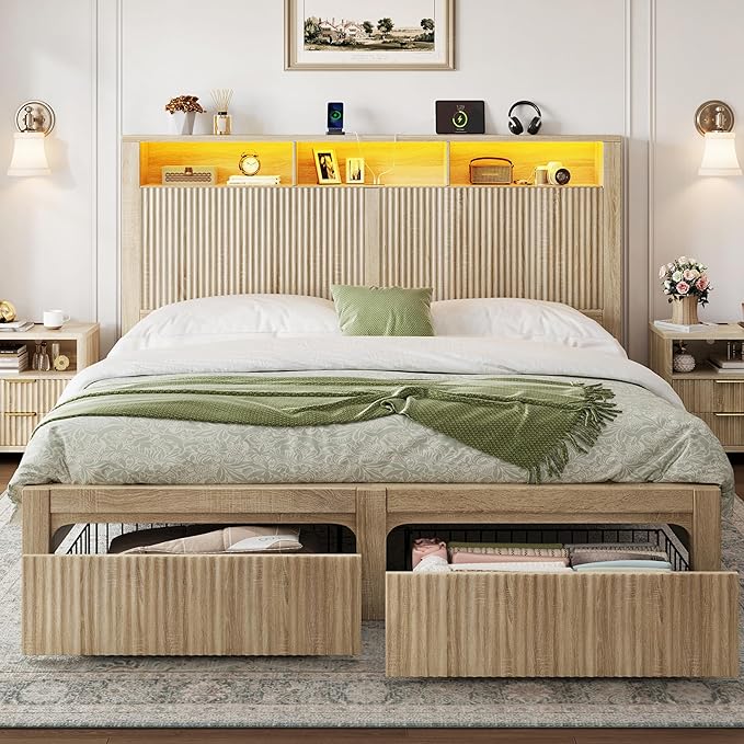 King Size Bed Frame with Storage Drawers, LED Lights & Charging Port