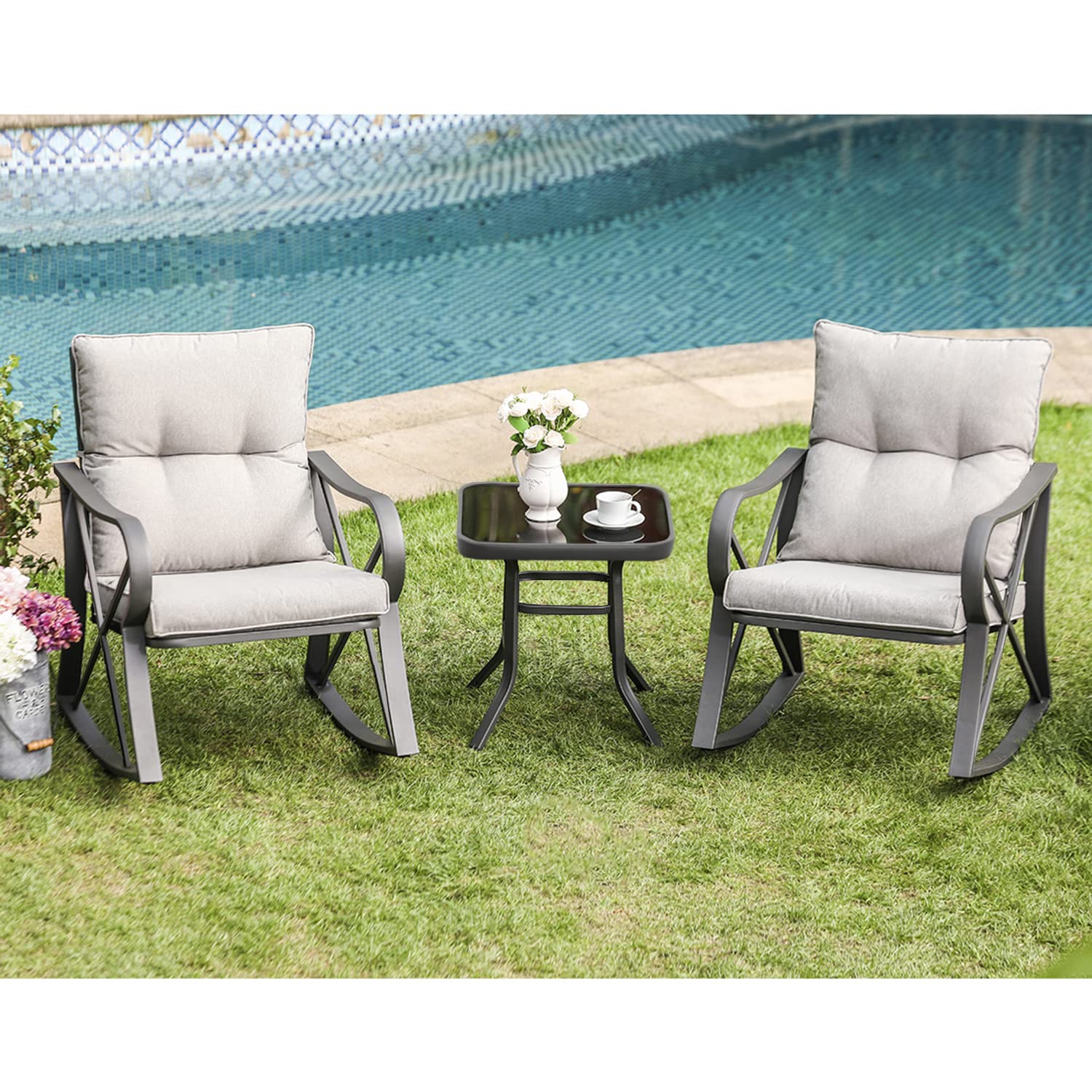 3-Piece Outdoor Rocking Bistro Set with Cushions & Glass-Top Table