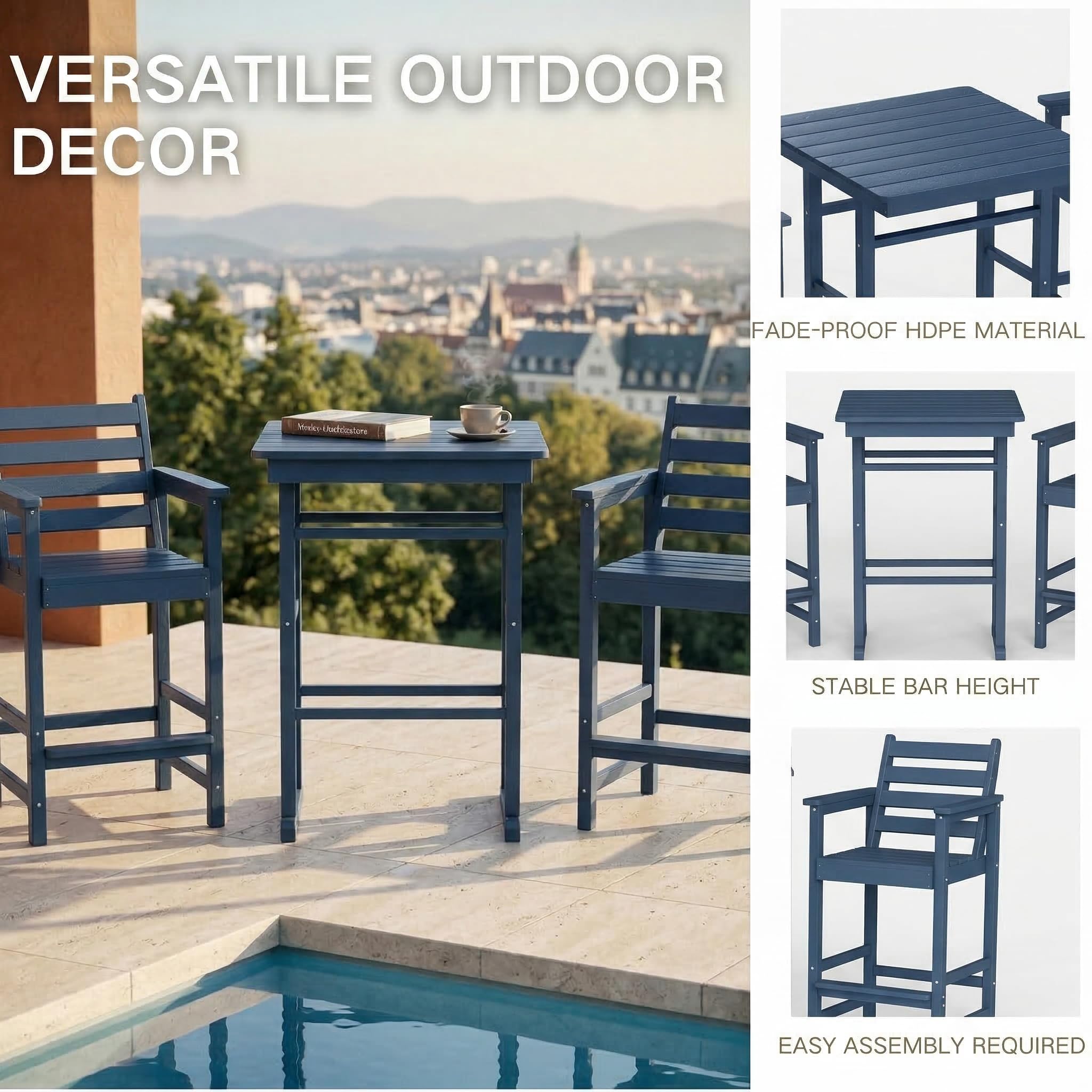 Kingdura Balcony Adirondack Chairs and Table 3 Pieces Set, Adirondack Bar Height Chairs Set of 2 with Matching Bar Table, HDPE Outdoor Bar Stools Set for Bistro, Garden, Poolside (Navy Blue)
