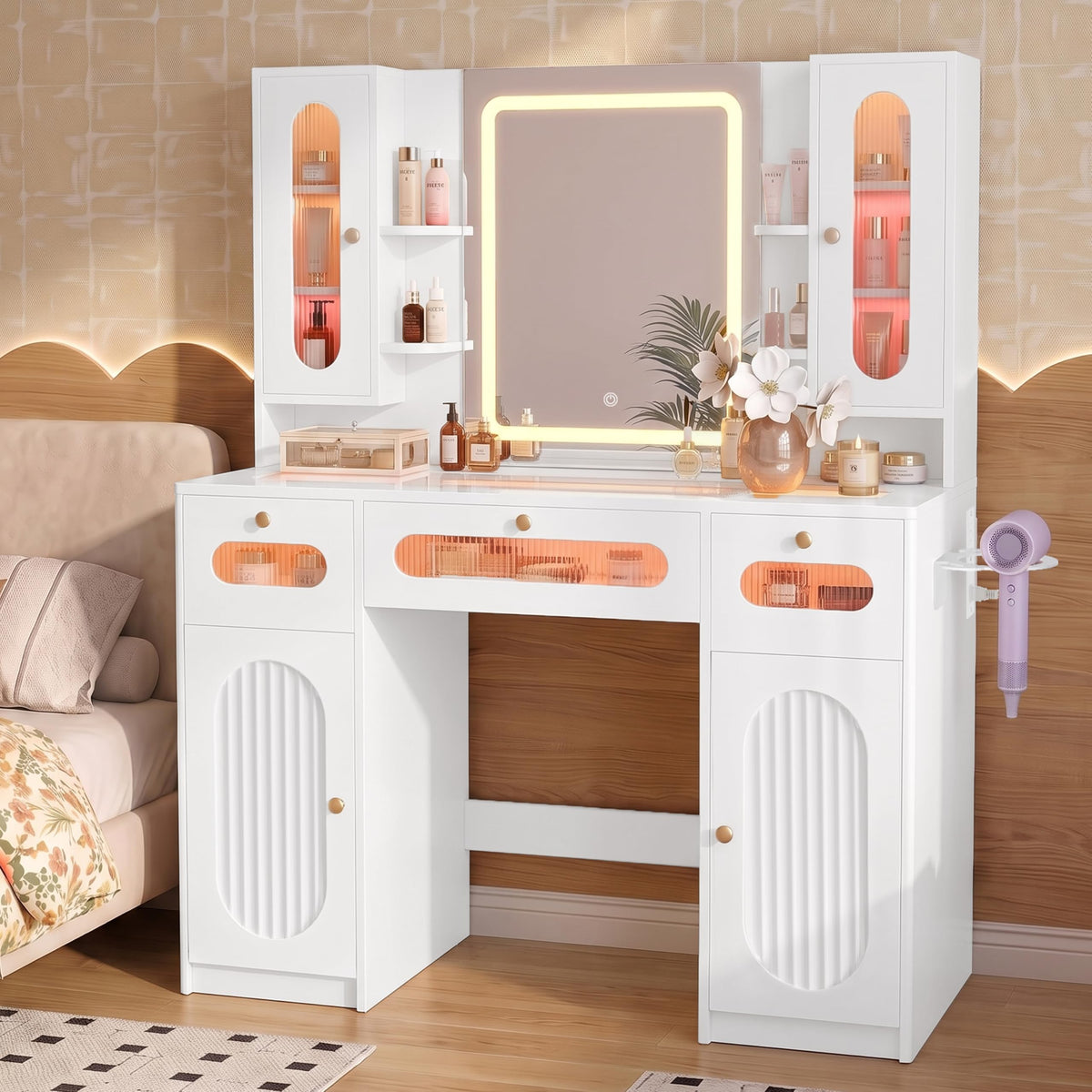HarborHue 43" Fluted Makeup Vanity Desk with Mirror and Lights for Bedroom