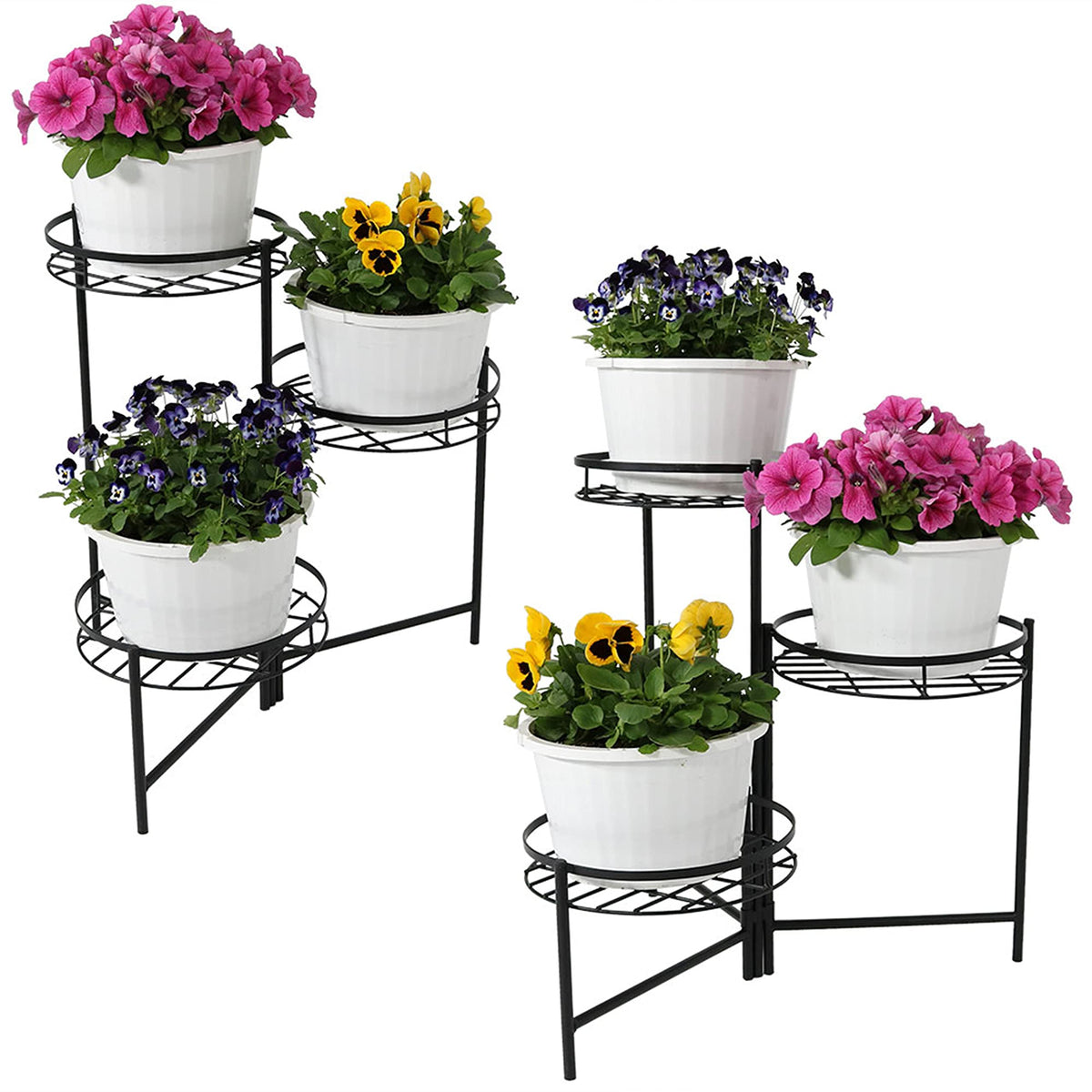 Sunnydaze Folding Metal 3-Tiered Plant Stand for Flowers, Set of 2, Black
