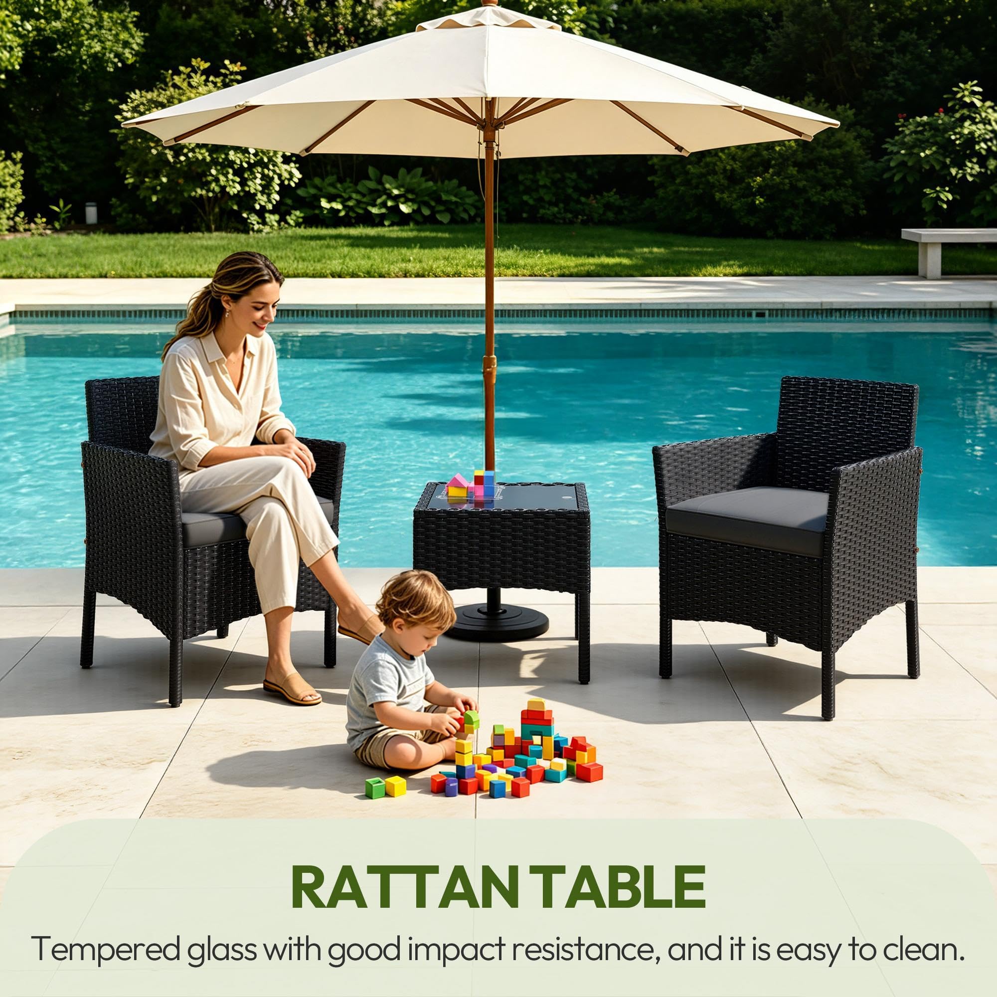 Yaheetech 3 Pieces Patio Conversation Set, Outdoor Rattan Bistro Furniture, 2 Chairs with Cushions & 1 Side Table for Bistro/Porch/Garden/Deck/Courtyard, Black/Khaki