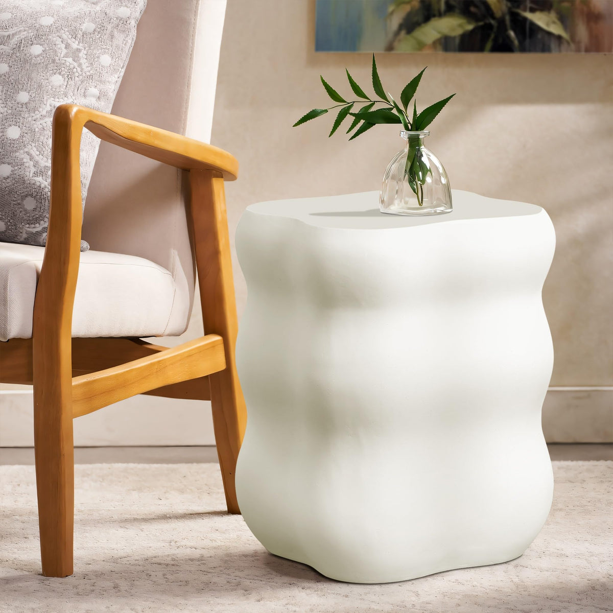 LuxenHome 18" White Concrete Outdoor Side Table, Small End Table for Patio