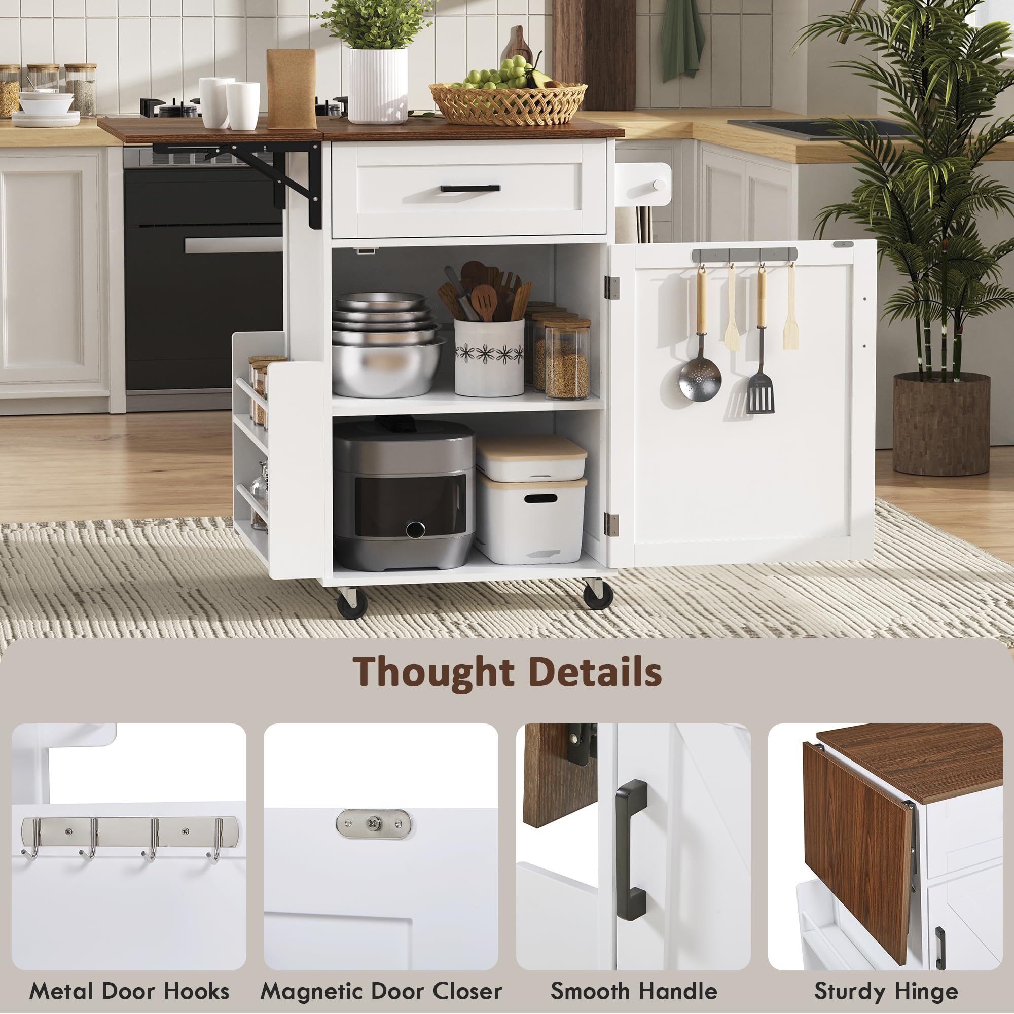 Seeheool K&K 39.3" Farmhouse Kitchen Island with Drop Leaf, Kitchen Storage Island with Open Side Rack, One Drawer, Towel Rack, Rolling Kitchen Cart with Lockable Wheels for Lawn Garden, White