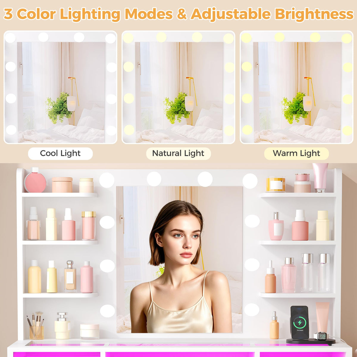 ANWBROAD White Makeup Vanity Desk with Mirror & Lights,Glass Top,RGB Light