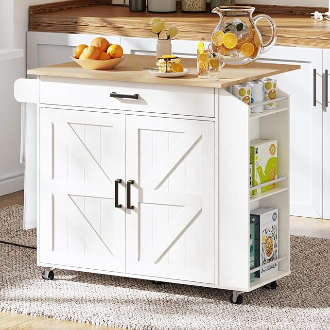 Rolling Kitchen Island with Drop Leaf & Power Outlet
