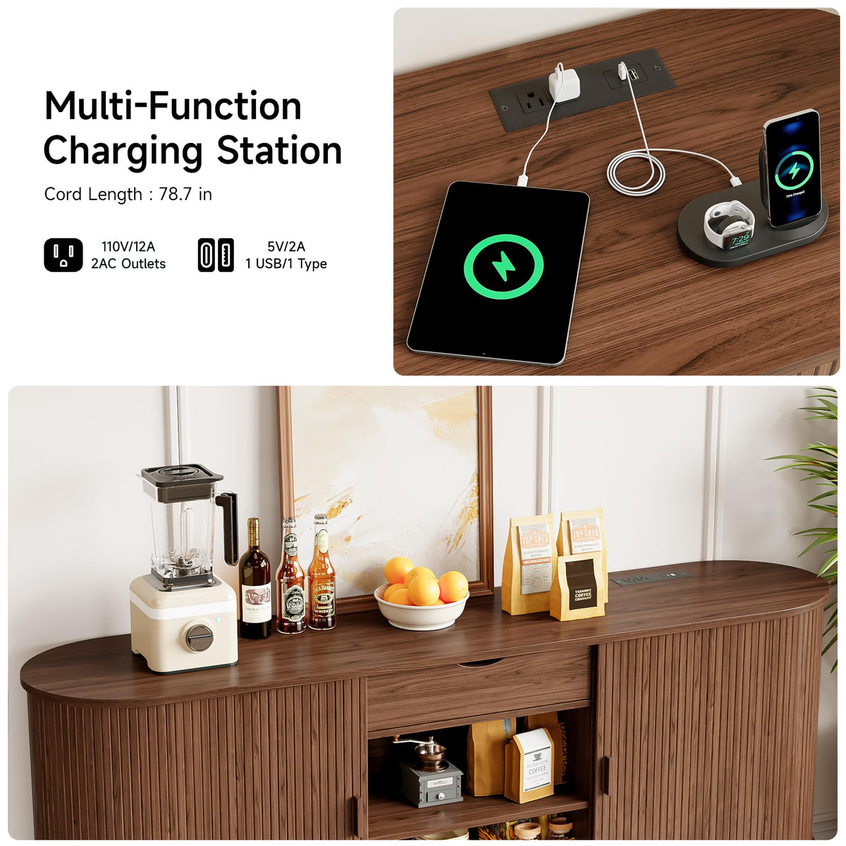 Walnut Fluted Sideboard with Power Outlets