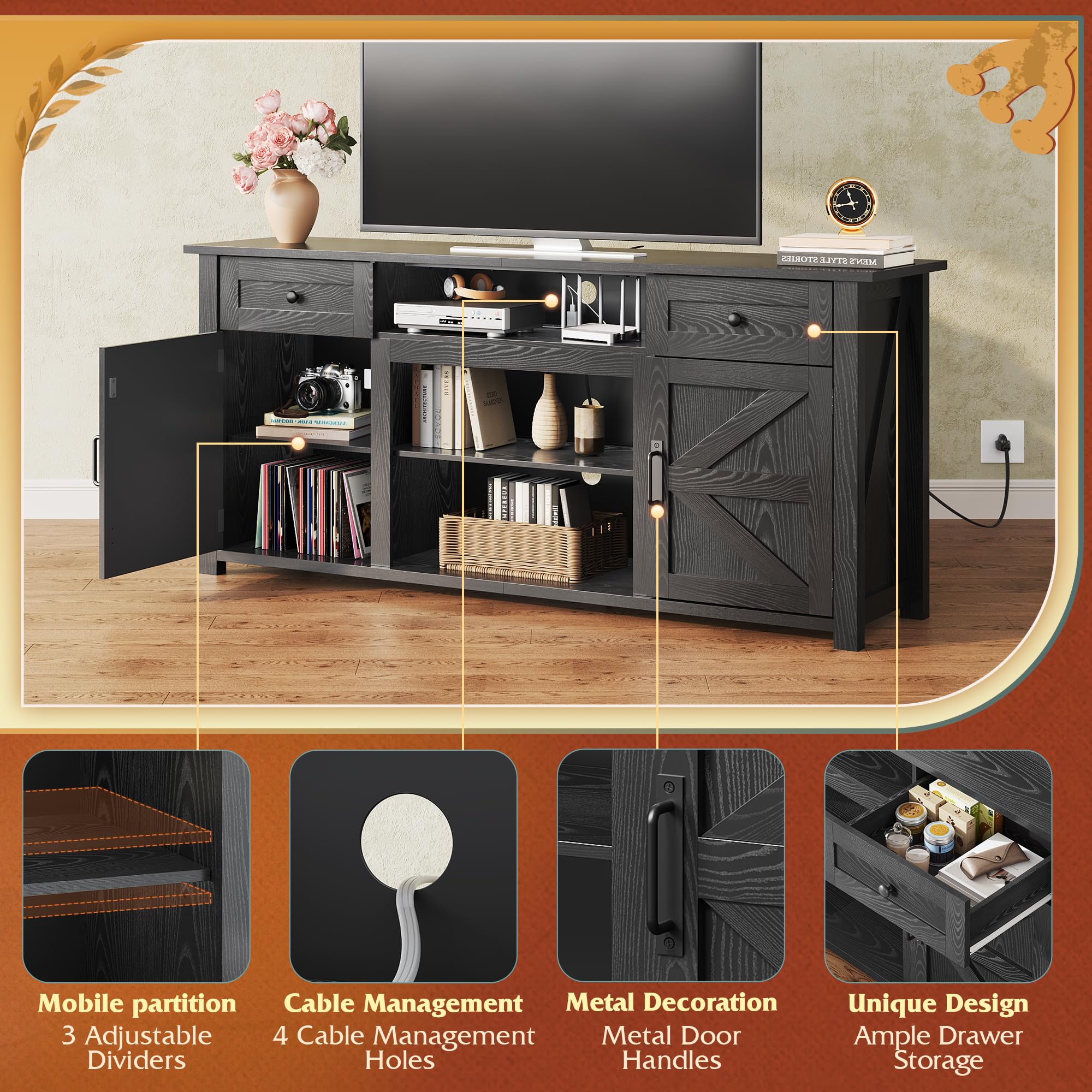 WLIVE TV Stand for 75/70 Inch TV, Entertainment Center with Storage & Power Outlet, Farmhouse Media Console Cabinet with Drawers and Adjustable Shelves for Living Room, Black