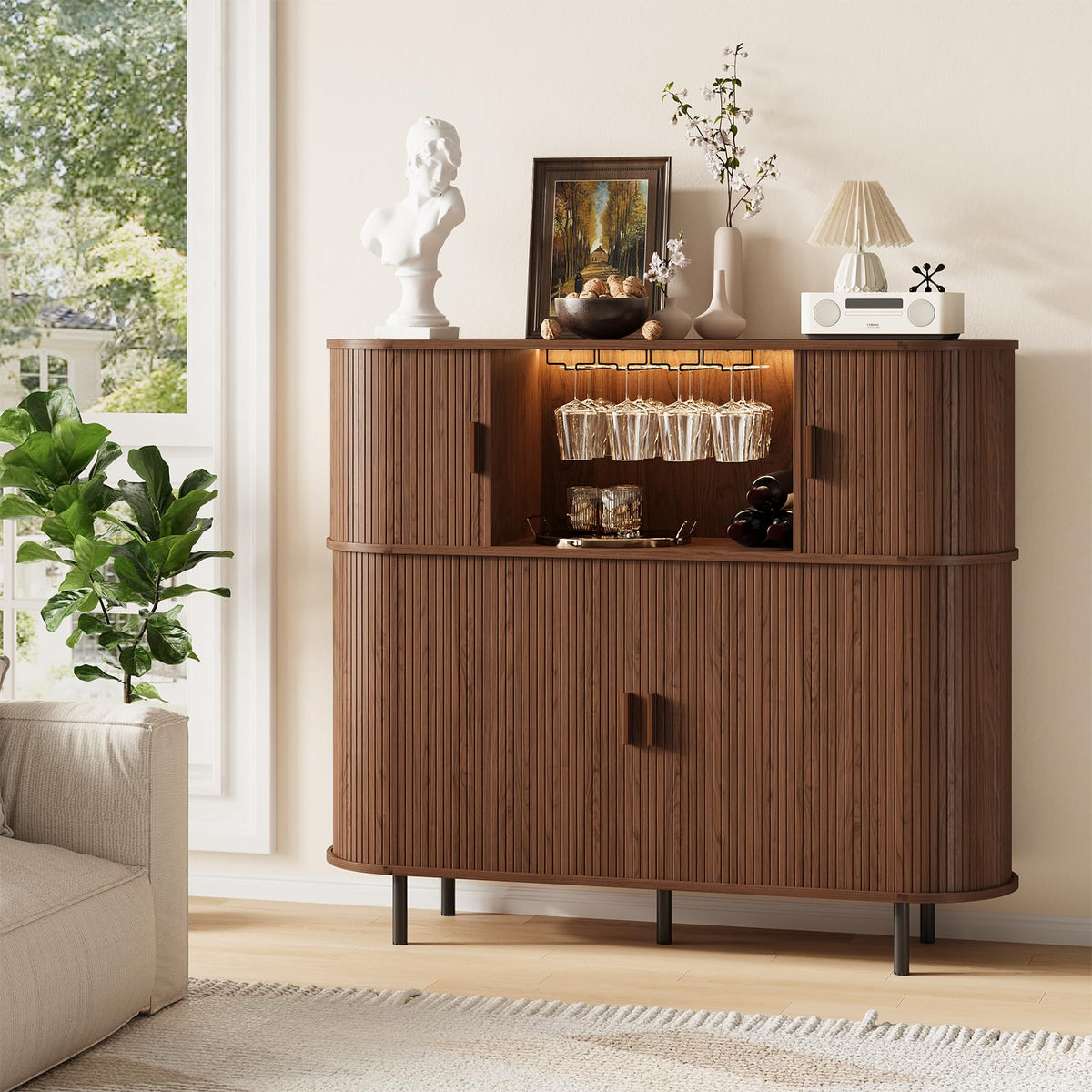 Fluted Bar Cabinet with LED Lights and Outlets