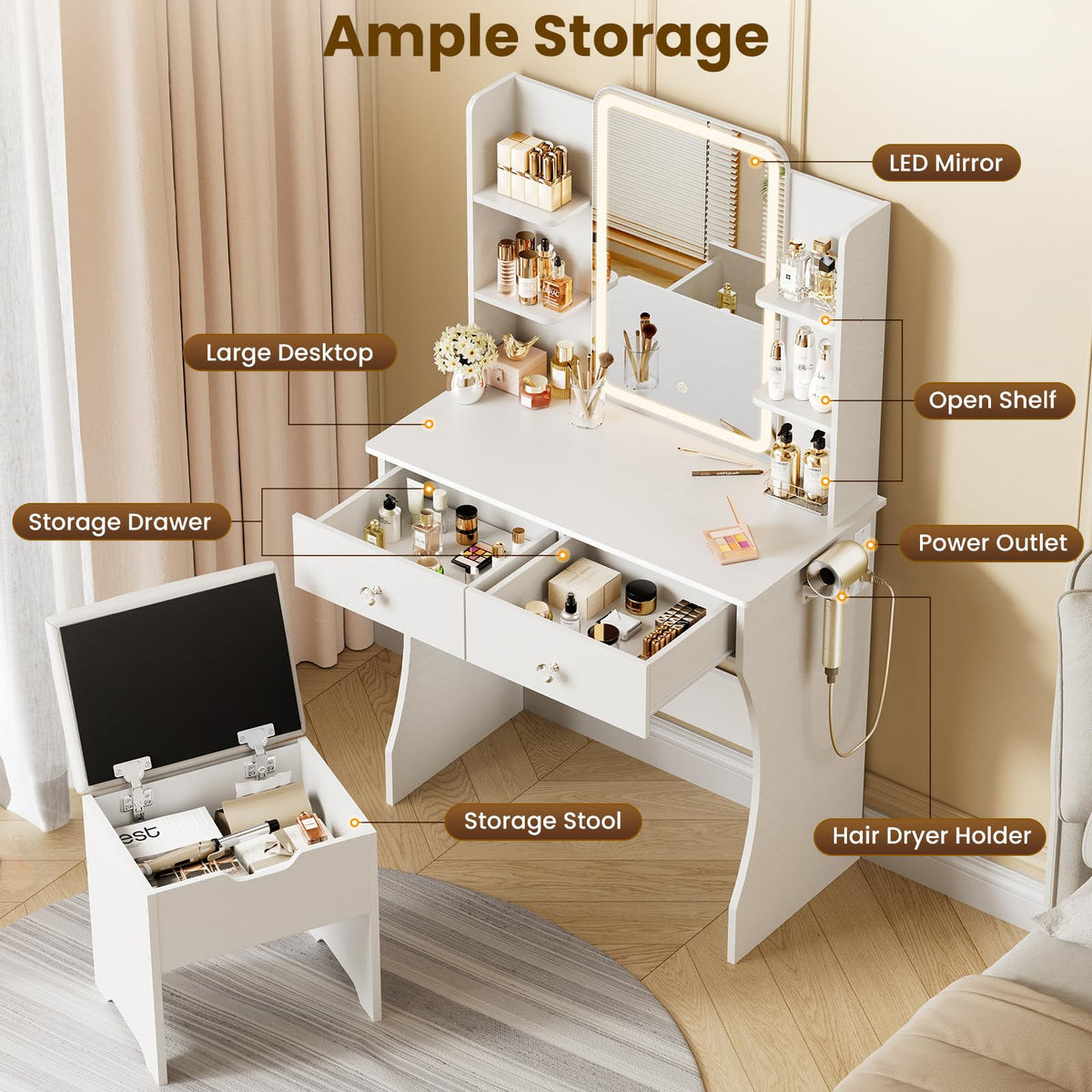 White LED Makeup Vanity with Storage Stool