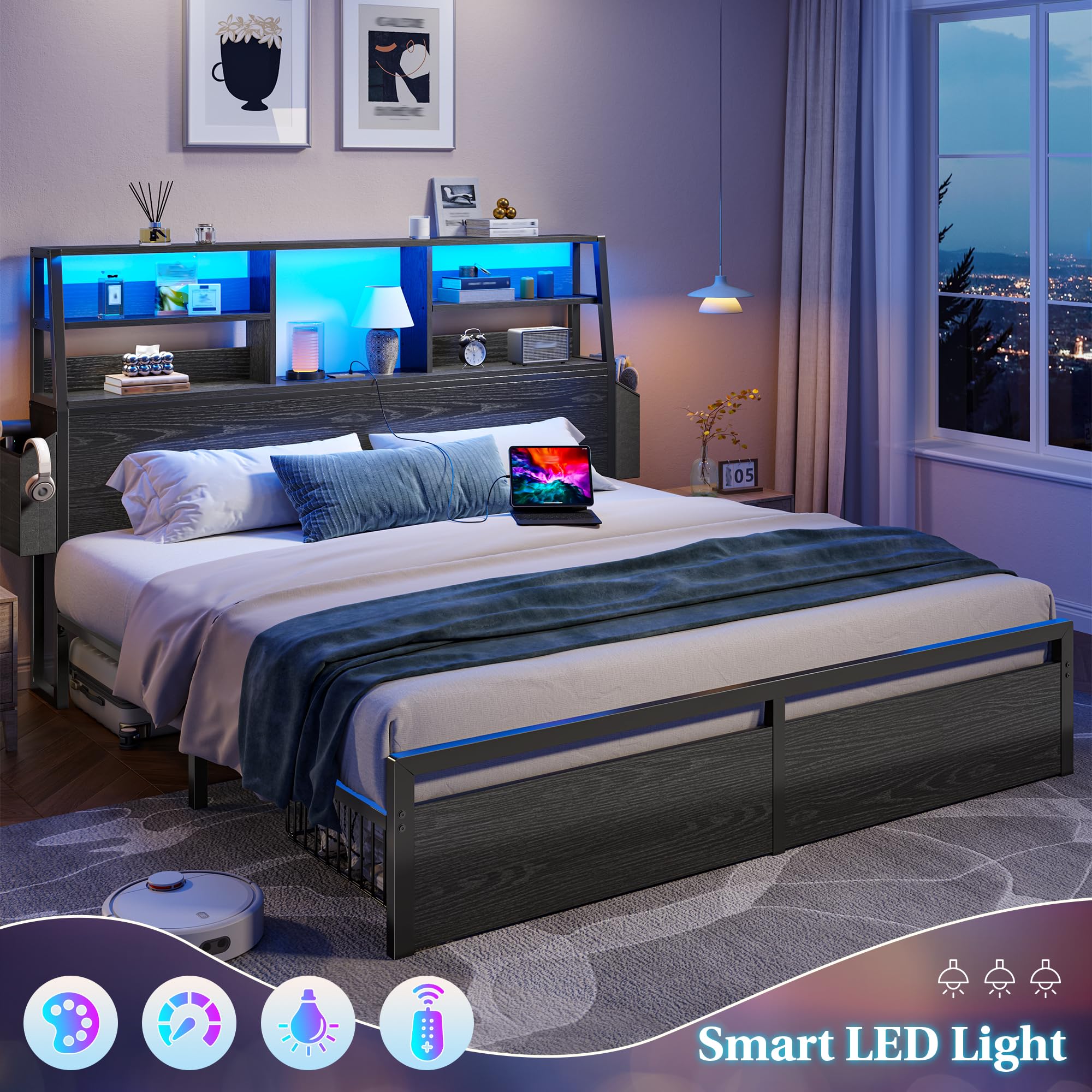 Bed Frame with Storage, LED Lights & Charging Station