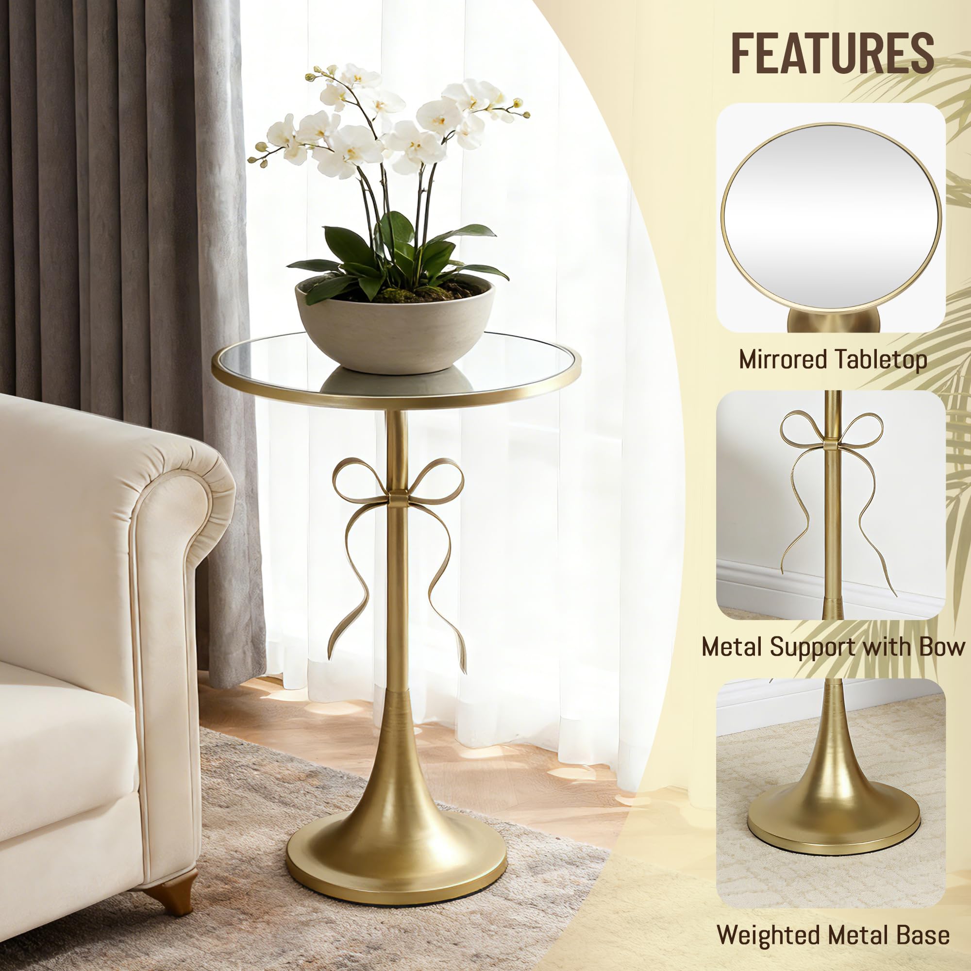 Aoligrace Gold Metal Side Table, Retro Bow Pedestal End Table with Mirror Tabletop, Decorative Martini Drink Table for Small Space, Living Room, Couch, Patio
