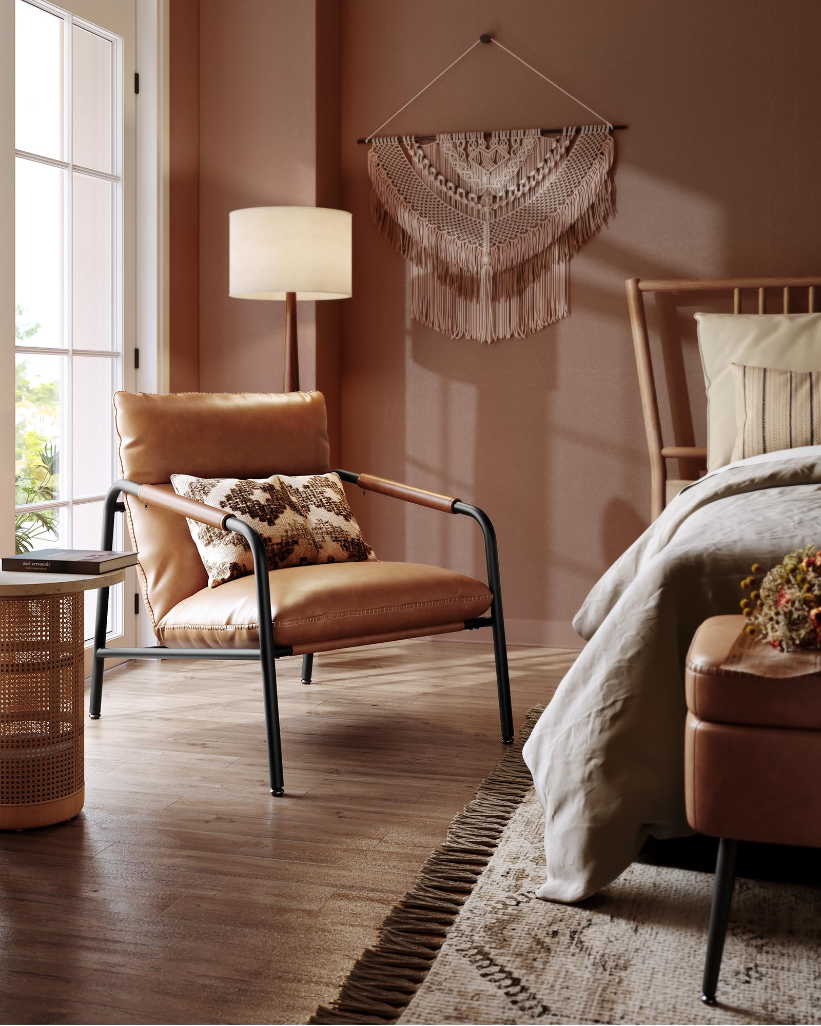 VASAGLE EKHO Collection - Accent Chair, Metal Framed Armchair, Synthetic Leather with Stitching, Mid-Century Modern, Sling Chair for Living, Bedroom, Reading Room, Lounge, Caramel Brown ULAC014K01