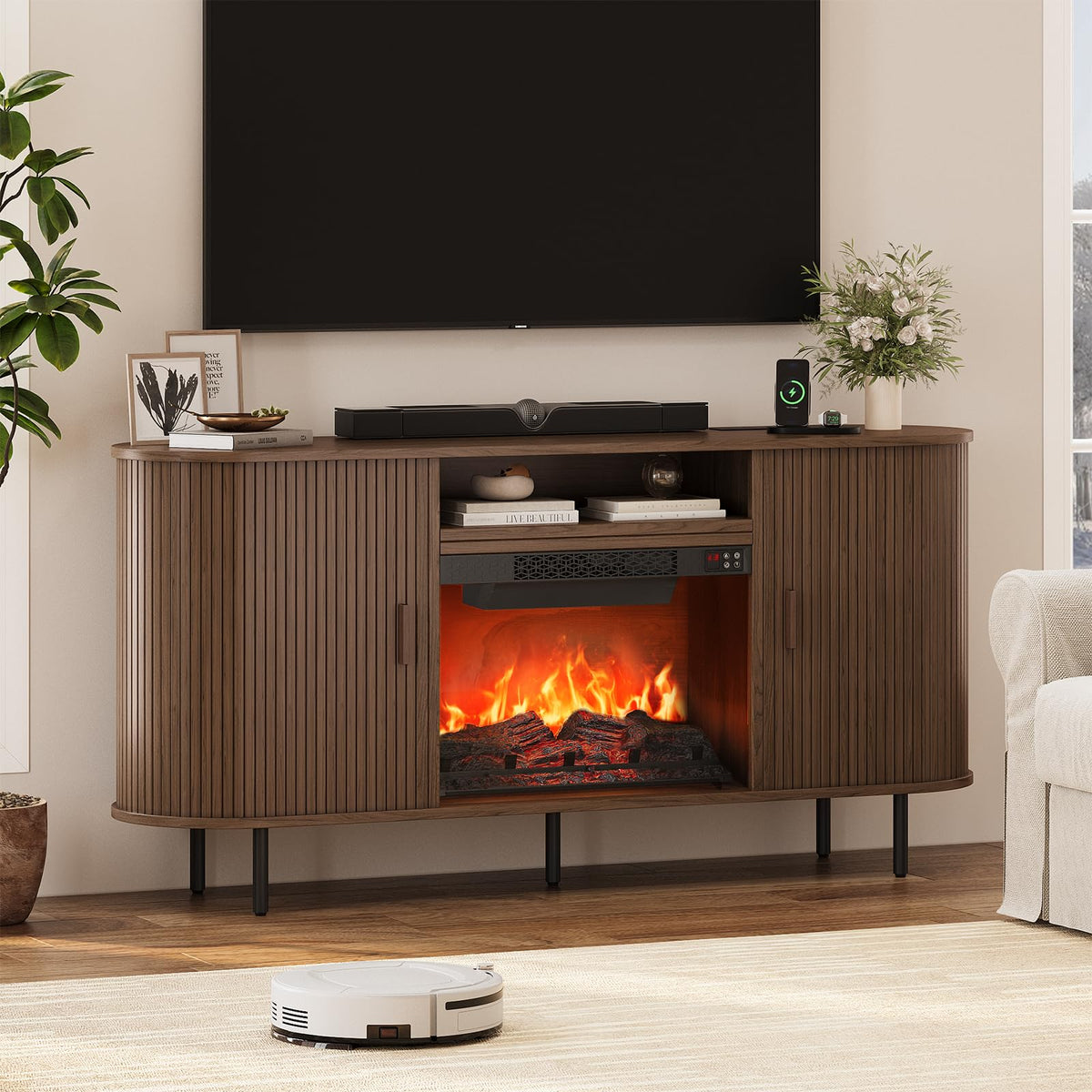 ONBRILL 63" Fluted Fireplace TV Stand with 23" Electric Fireplace, Walnut