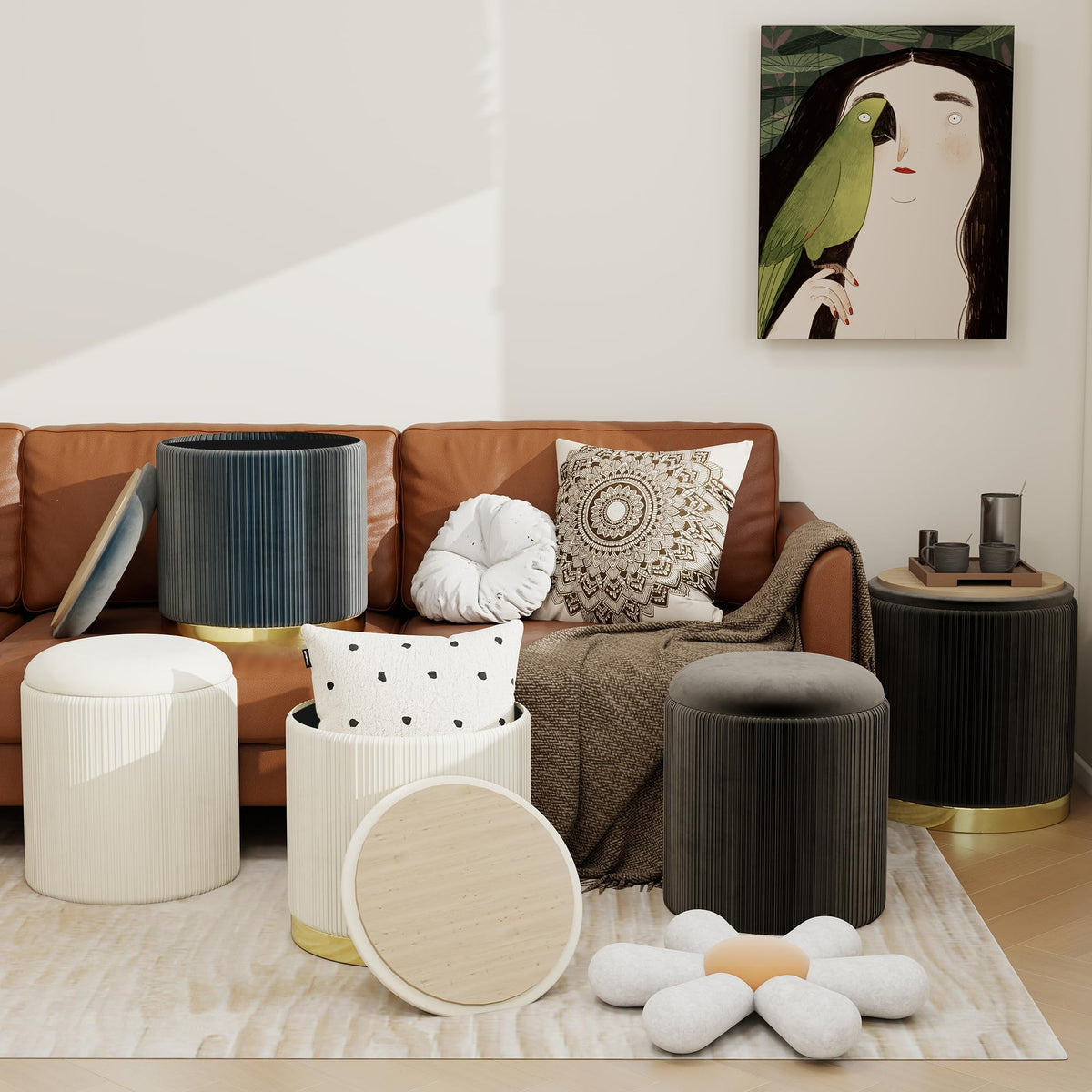 Black Velvet Storage Ottoman Set
