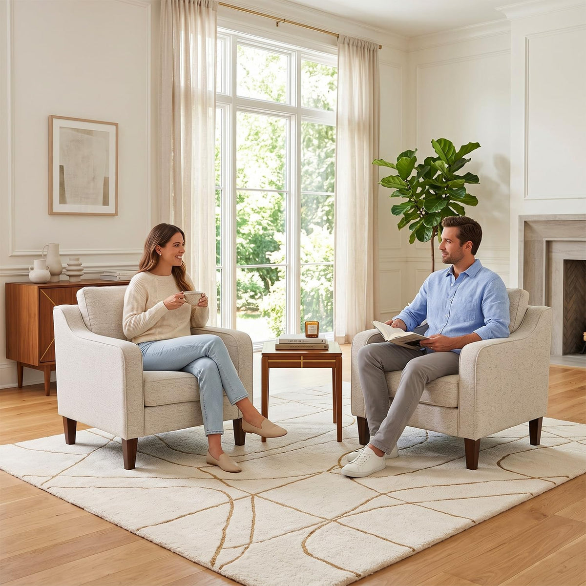 Beige Linen Accent Chairs, Set of 2