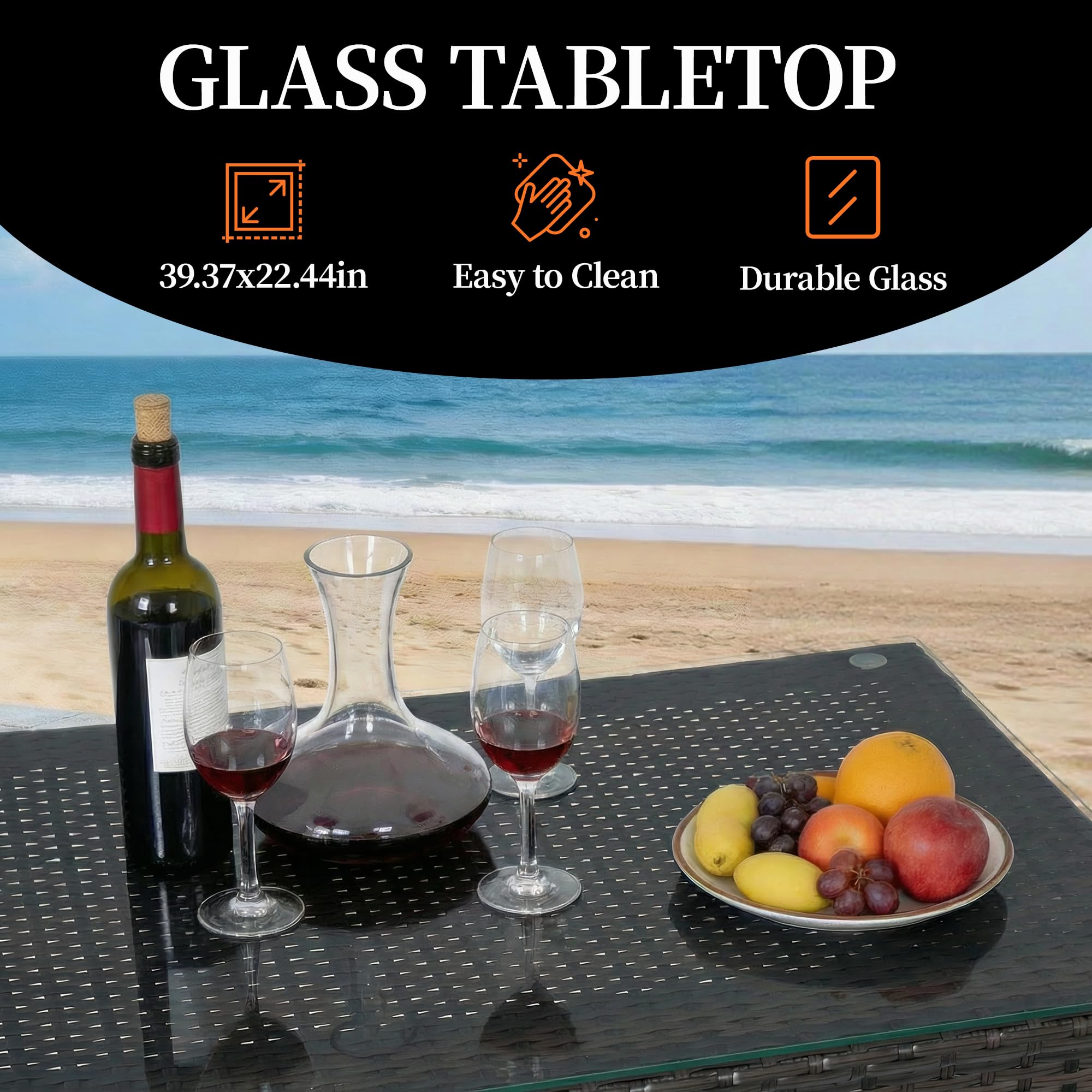 3-Piece Patio Wicker Bar Set with Glass Top & Cushioned Stools