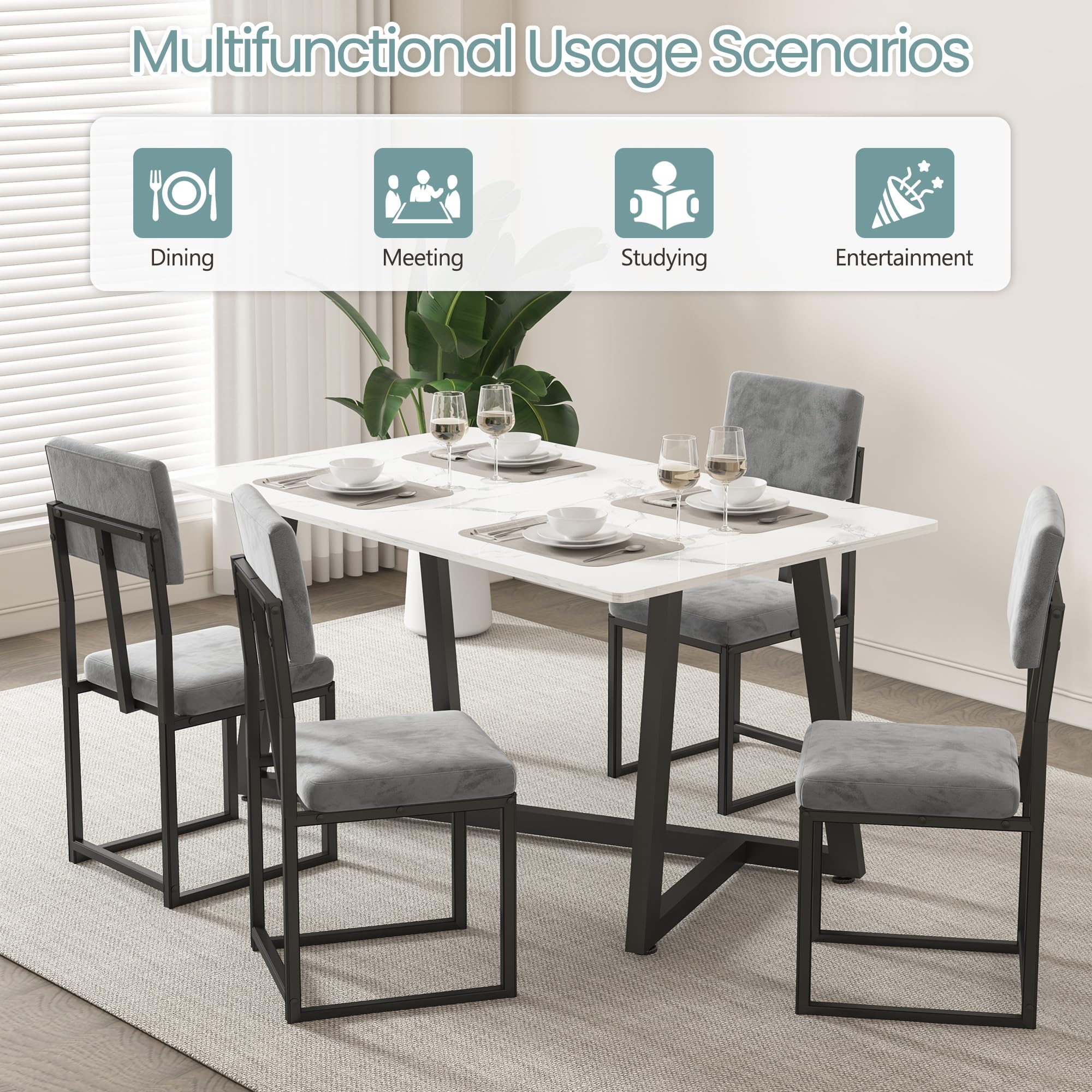 5-Piece Faux Marble Dining Table Set with Upholstered Chairs