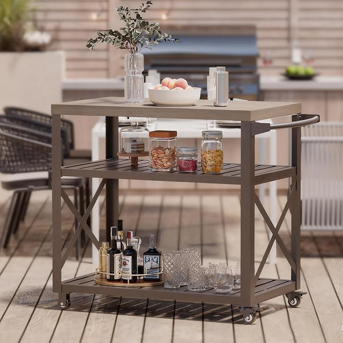 Outdoor Grill Cart with Marble-Textured Top